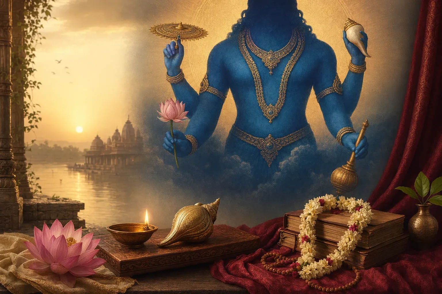 Vishnu symbolism illustration showing blue form, four hands, conch, chakra, mace, lotus, Garuda, and Shesha motifs.