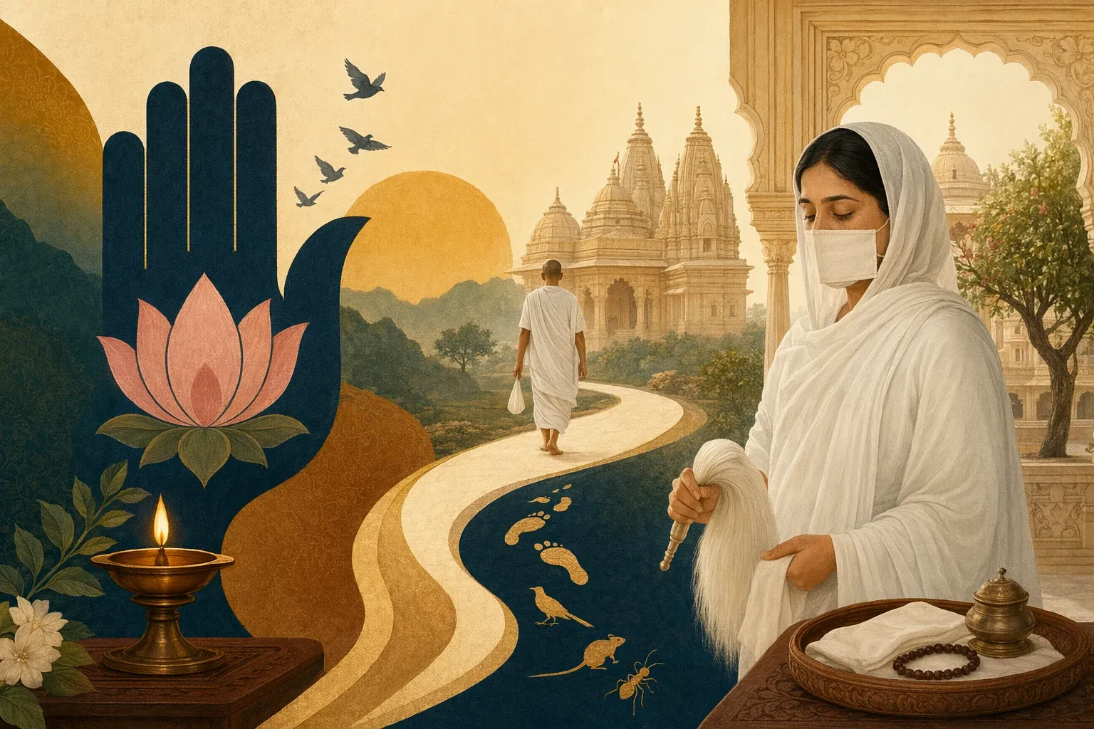 Jain practice illustration with white-clad ascetic figure, face covering, whisk, ahimsa symbol, lamp, and Jain temple setting.