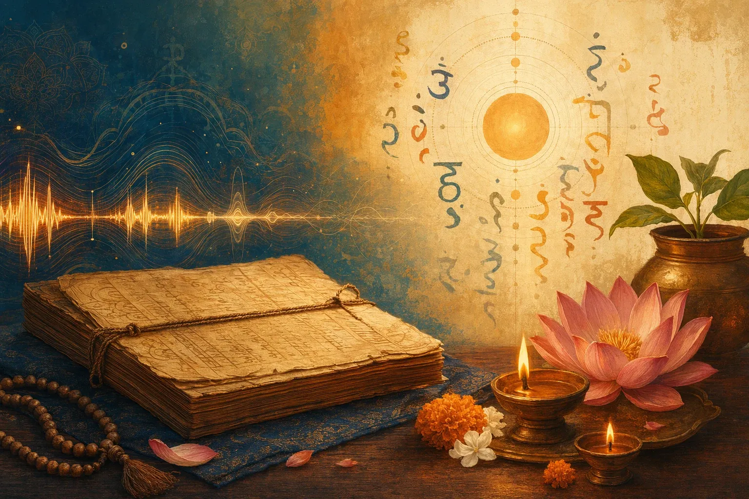Symbolic Bhaktilipi feature illustration for Why Are Mantras in Sanskrit? Sound, Meaning, and Tradition, using Sanskrit learning motifs and respectful cultural design.