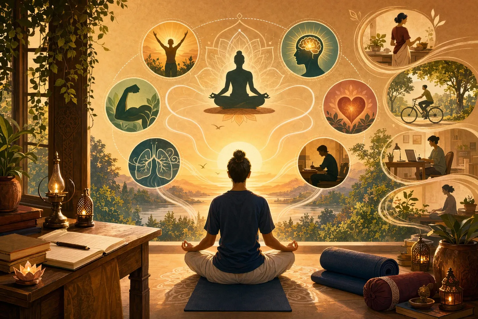 Student desk, yoga mat, breathing arcs, and calm focus symbols showing yoga benefits in daily life.