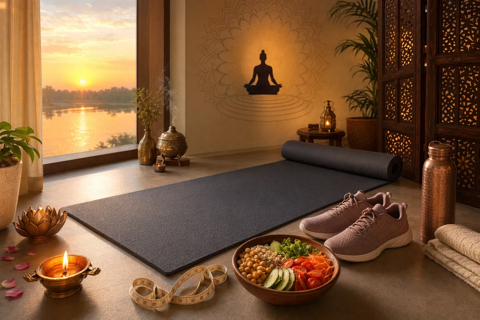 Yoga mat, walking shoes, balanced food, measuring tape, and warm Indian home details for a realistic yoga and weight management guide.