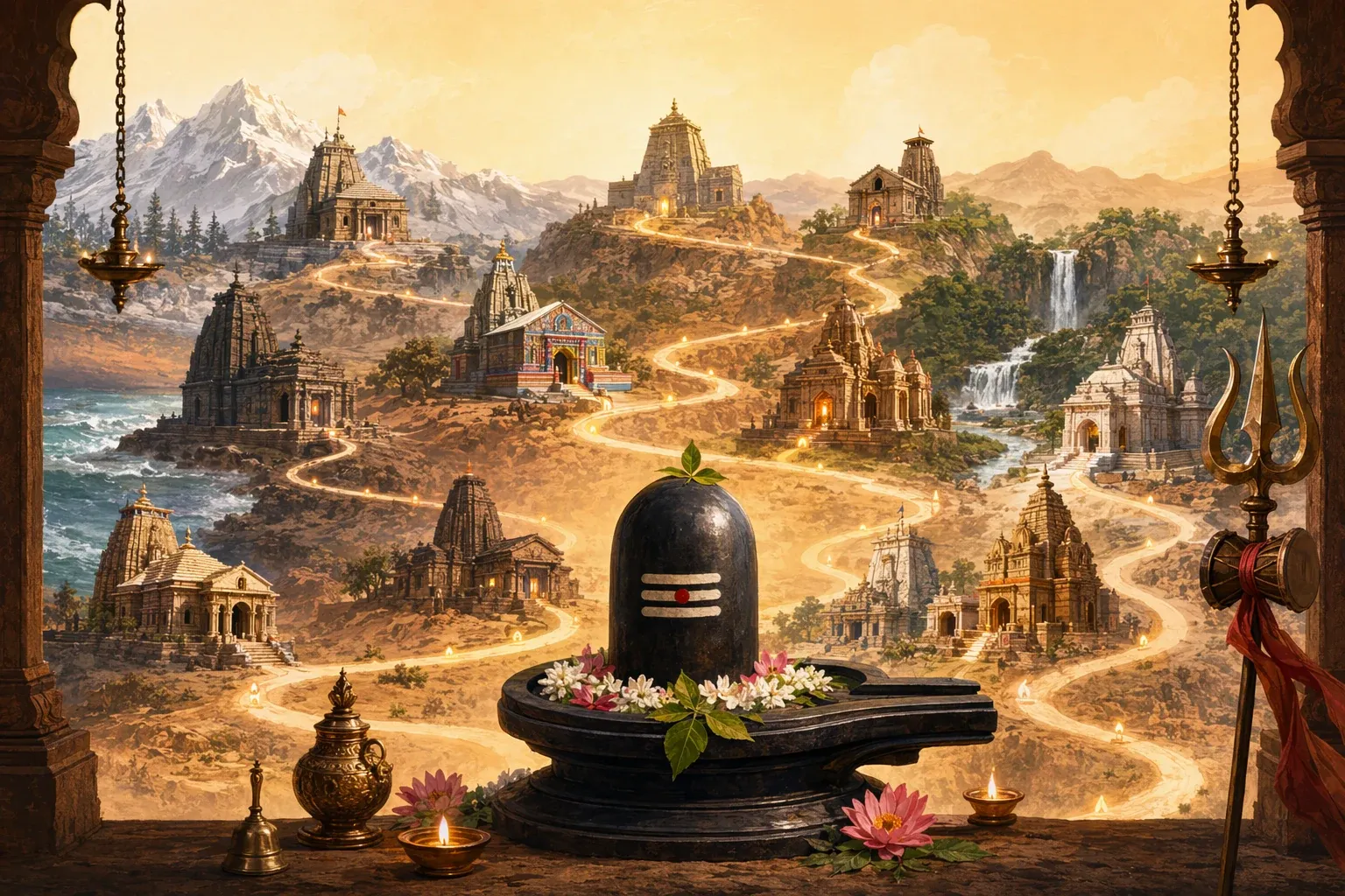 Shiva lingam, temple silhouettes and pilgrimage-route symbolism for a respectful guide to the 12 Jyotirlingas in India.