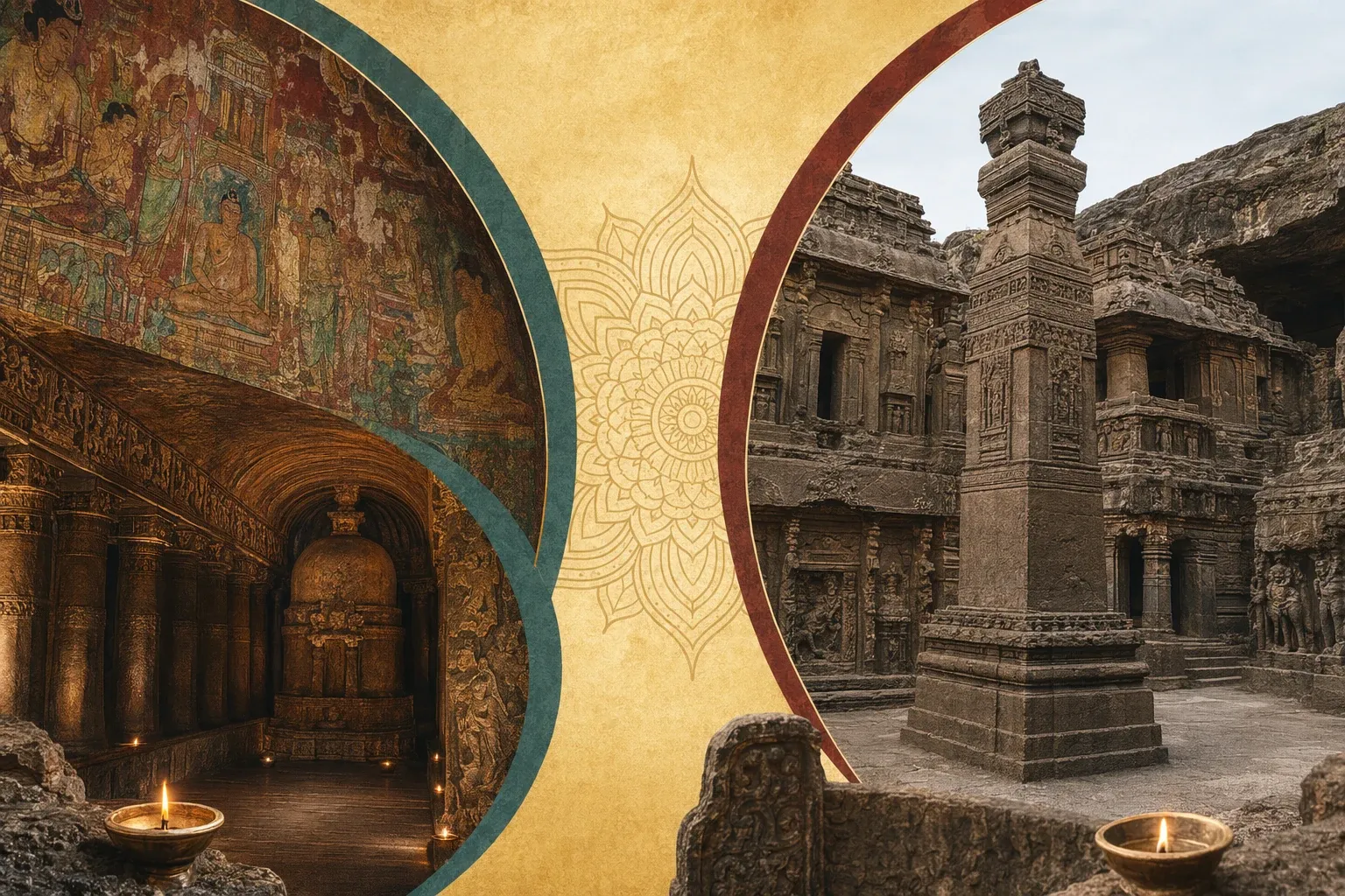 Split-view rock-cut heritage scene comparing Ajanta-style painted caves with Ellora-style carved stone architecture.