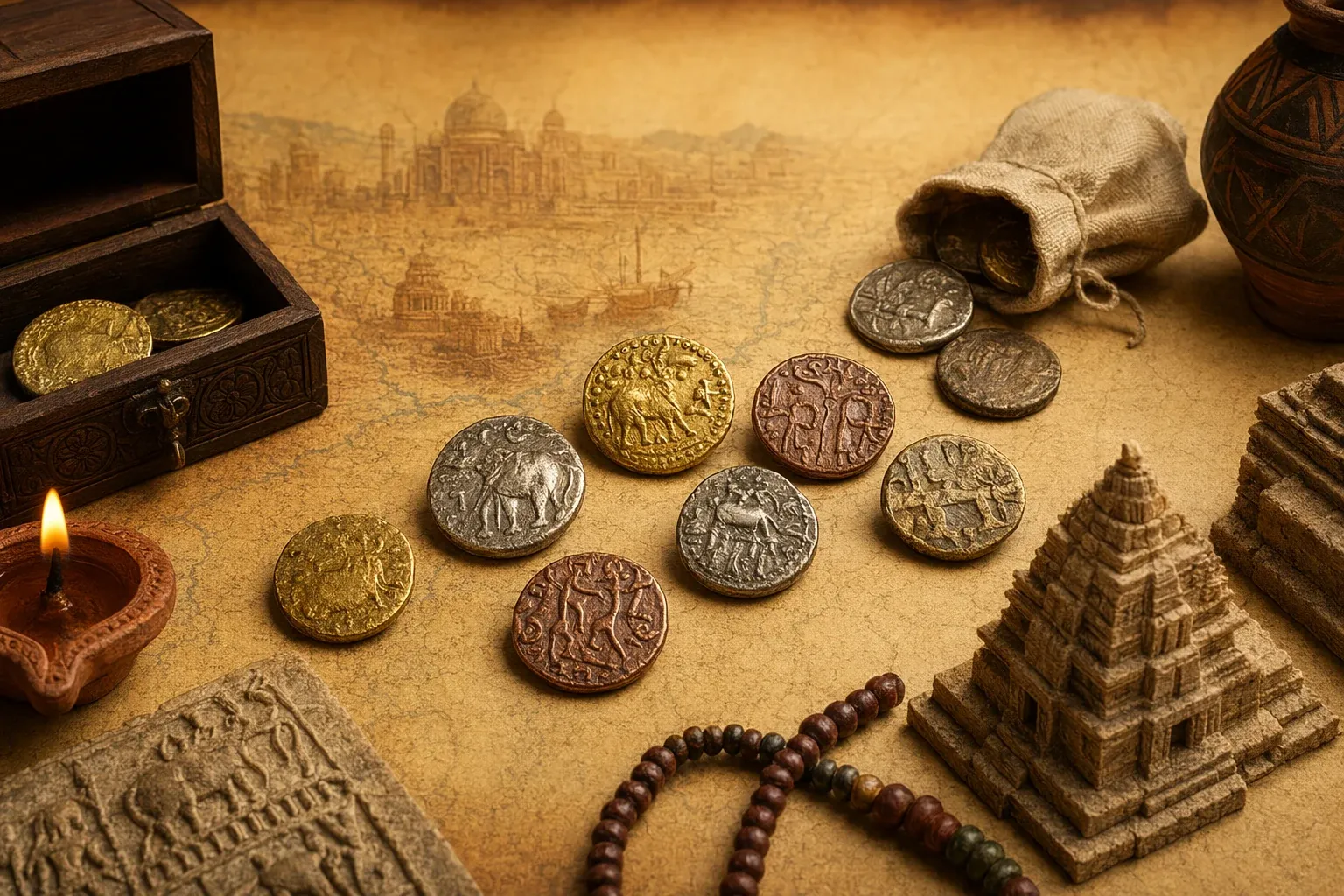 Editorial illustration of ancient Indian coins with temple, map, magnifier and archaeological study setting.