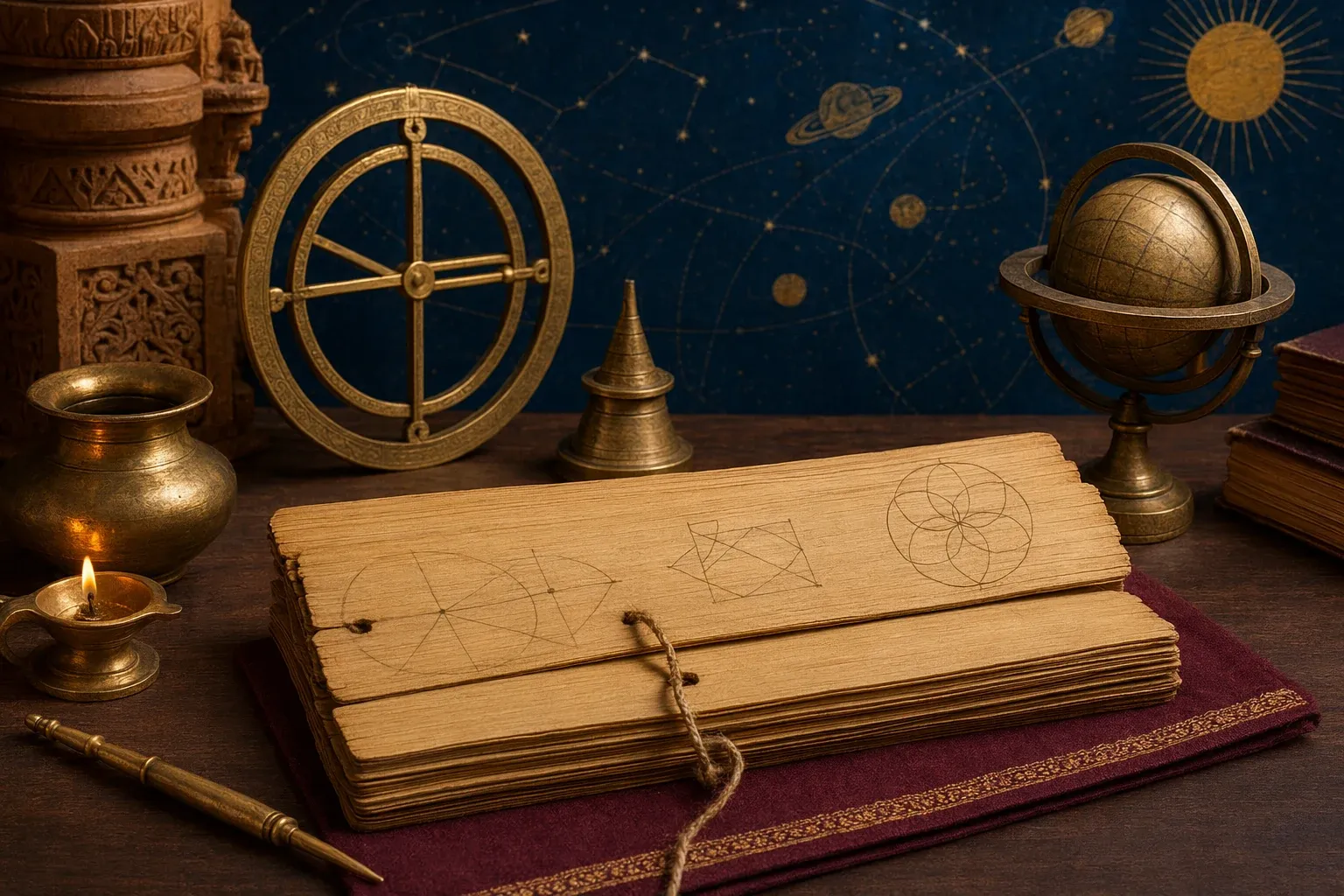 Editorial illustration for Ancient Indian Mathematics: Contributions That Changed the World: an Indian knowledge-history editorial still life with blank palm leaves, geometric diagra...