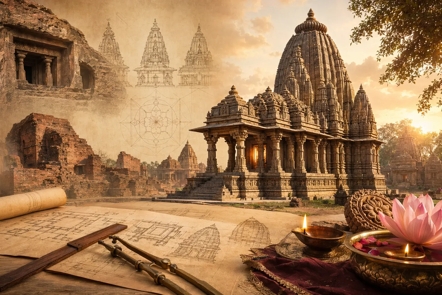 Illustration of Indian temple architecture evolving from rock-cut spaces and ruins to a stone temple with plan drawings.