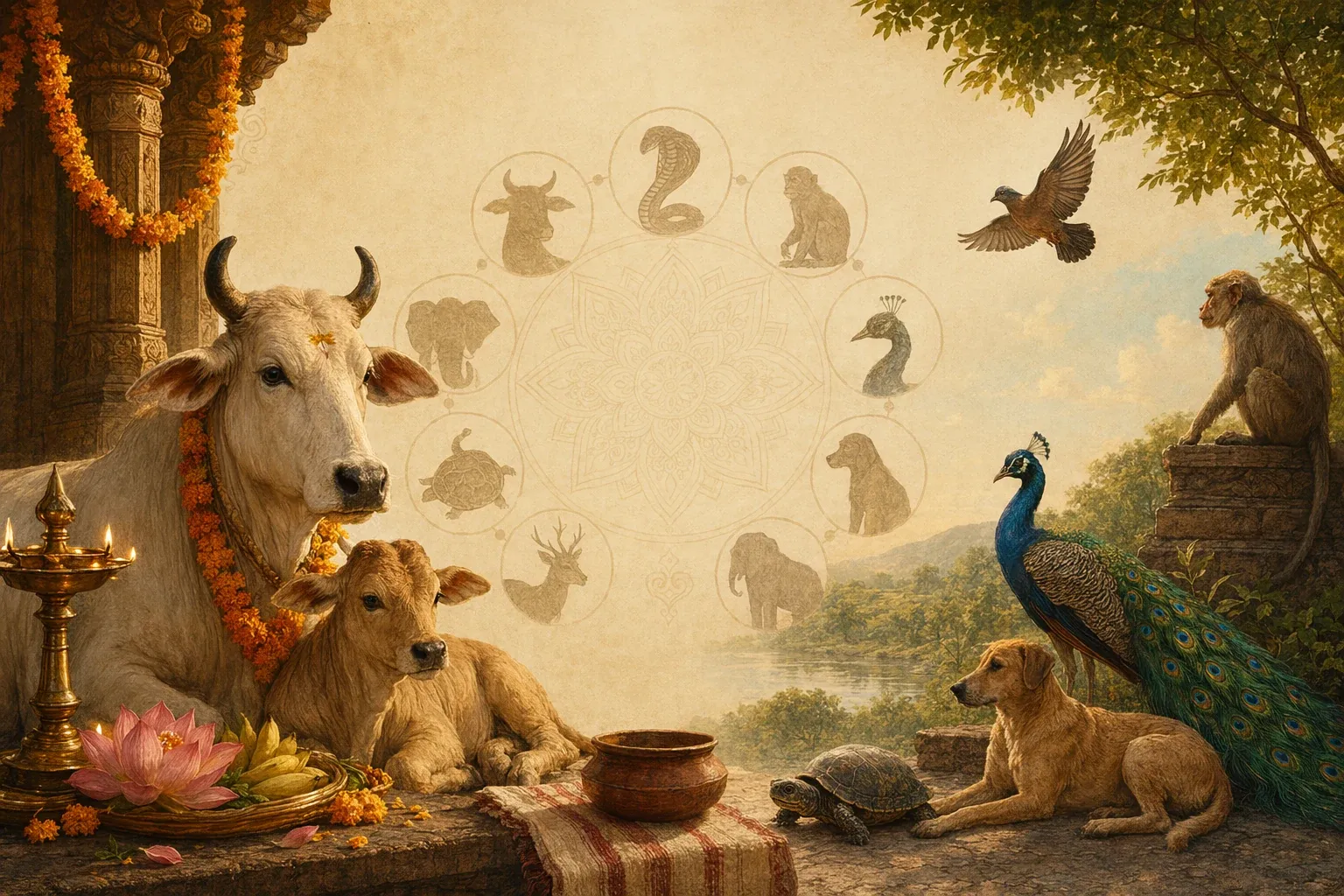Editorial illustration of several culturally significant Indian animals in a respectful temple setting, including a cow, elephant, monkey, peacock, snake, and bird.