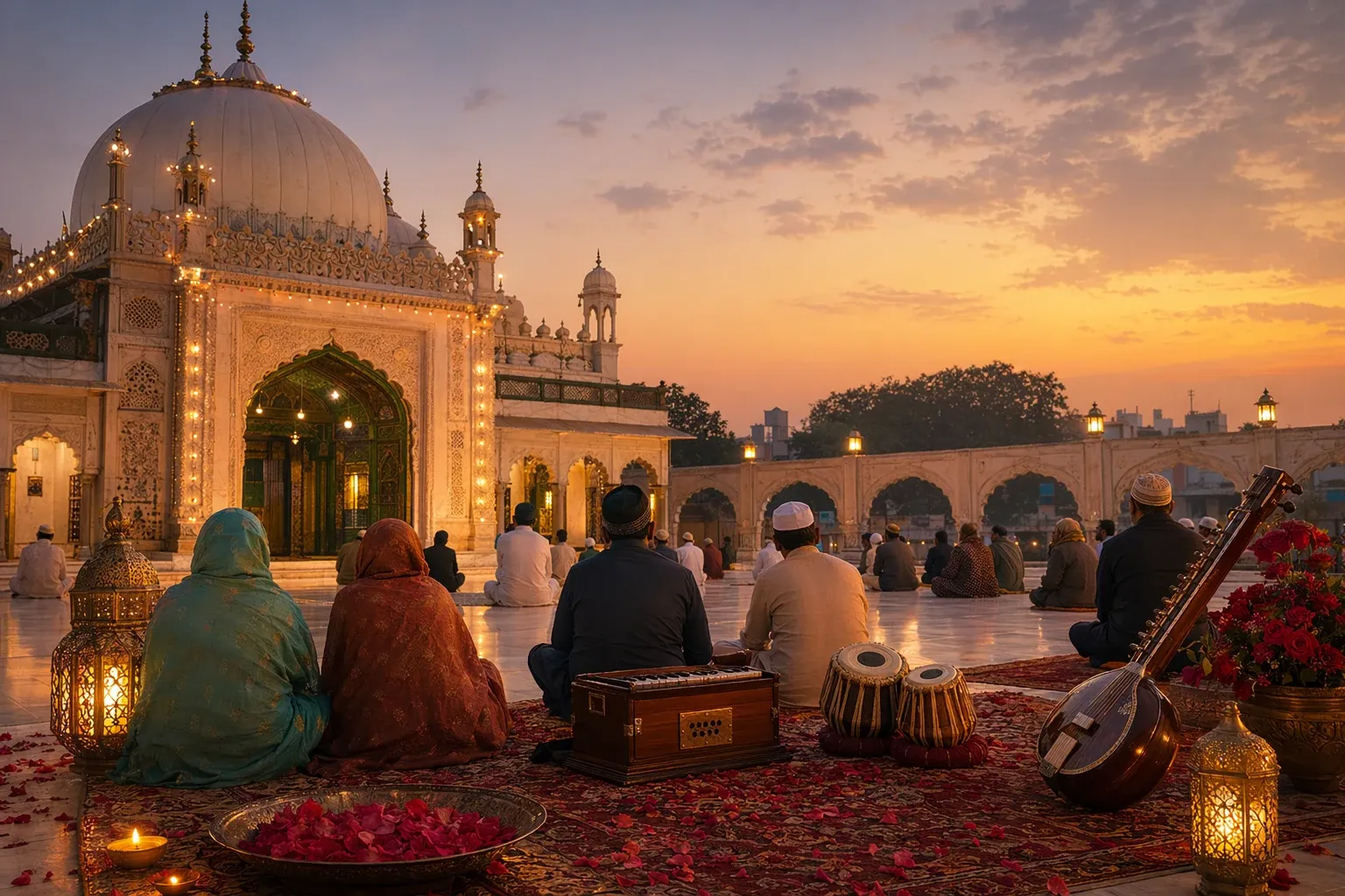 Symbolic dargah courtyard scene with prayer mats, lamps and qawwali motifs for a nuanced guide to Indian Muslims and Sufism.