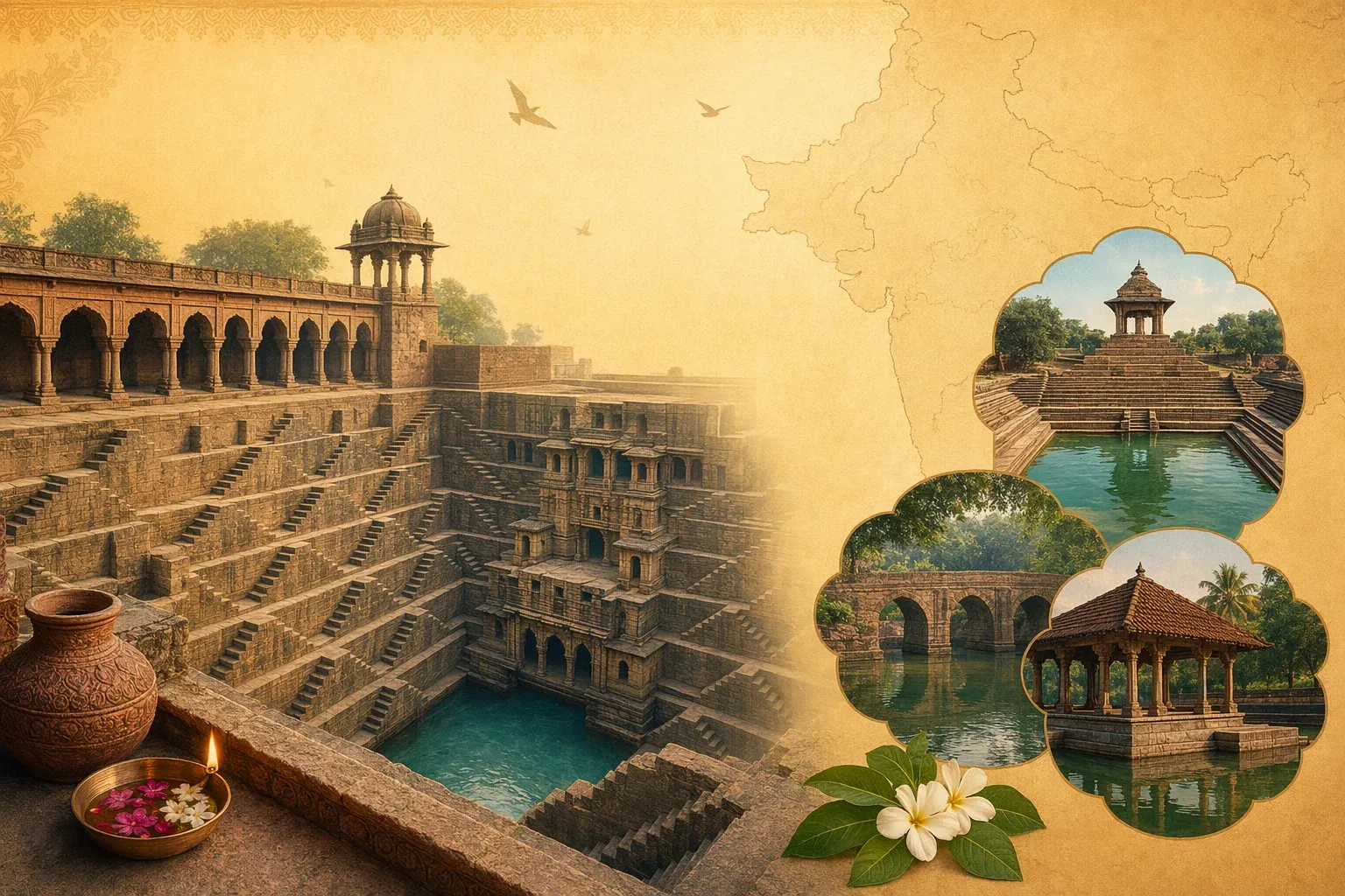AI editorial illustration of an Indian stepwell with comparison-style inset water structures and map-like heritage elements.