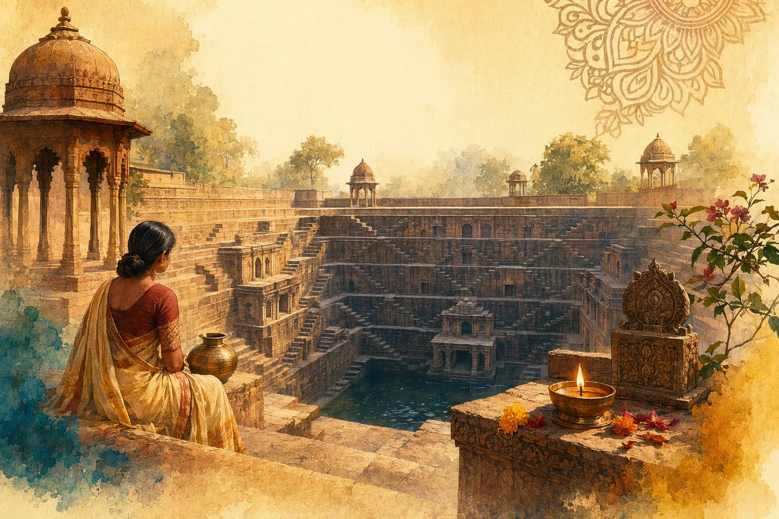 AI editorial illustration of a person sitting near an Indian stepwell with water, carved stone levels, flowers, and heritage-preservation atmosphere.