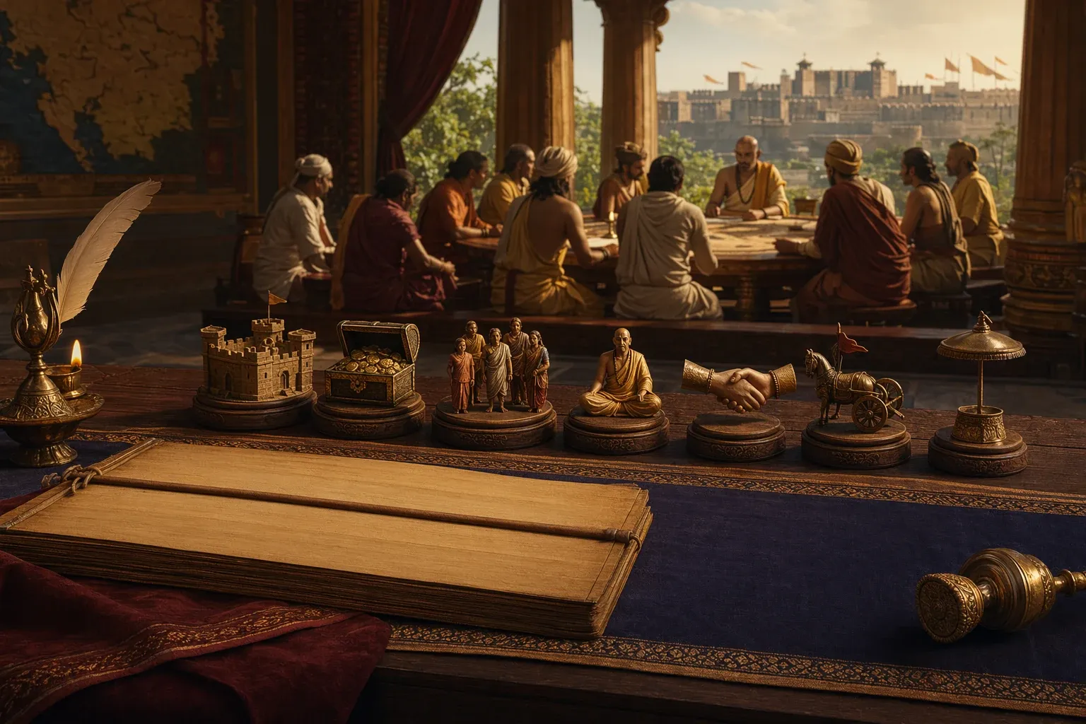 Editorial illustration for What Does Arthashastra Deal With? A Simple Summary of the Text: an ancient governance and statecraft editorial scene with council table, seven distinct sta...