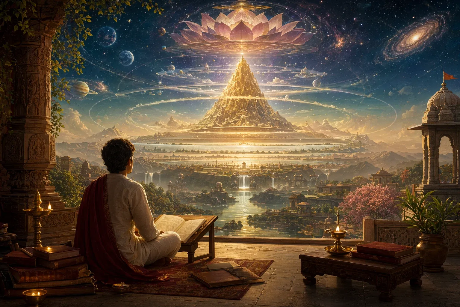 Beginner reading scene for Hindu cosmology with an open book, cosmic lotus, Mount Meru-like axis and starry symbolic universe.