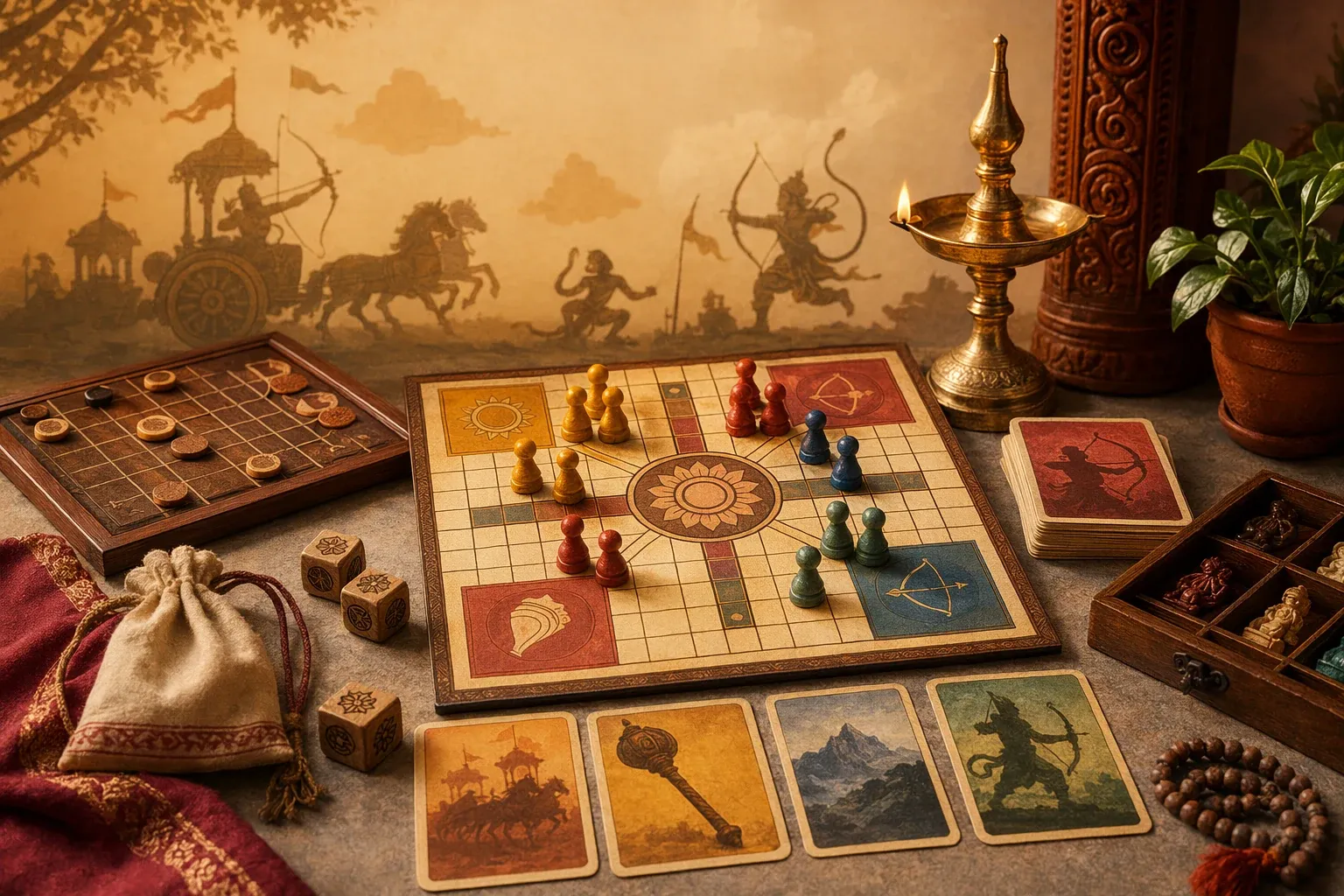 Mythology-inspired Indian board-game scene with respectful epic symbols, game cards, dice, diya light, and story-map atmosphere.