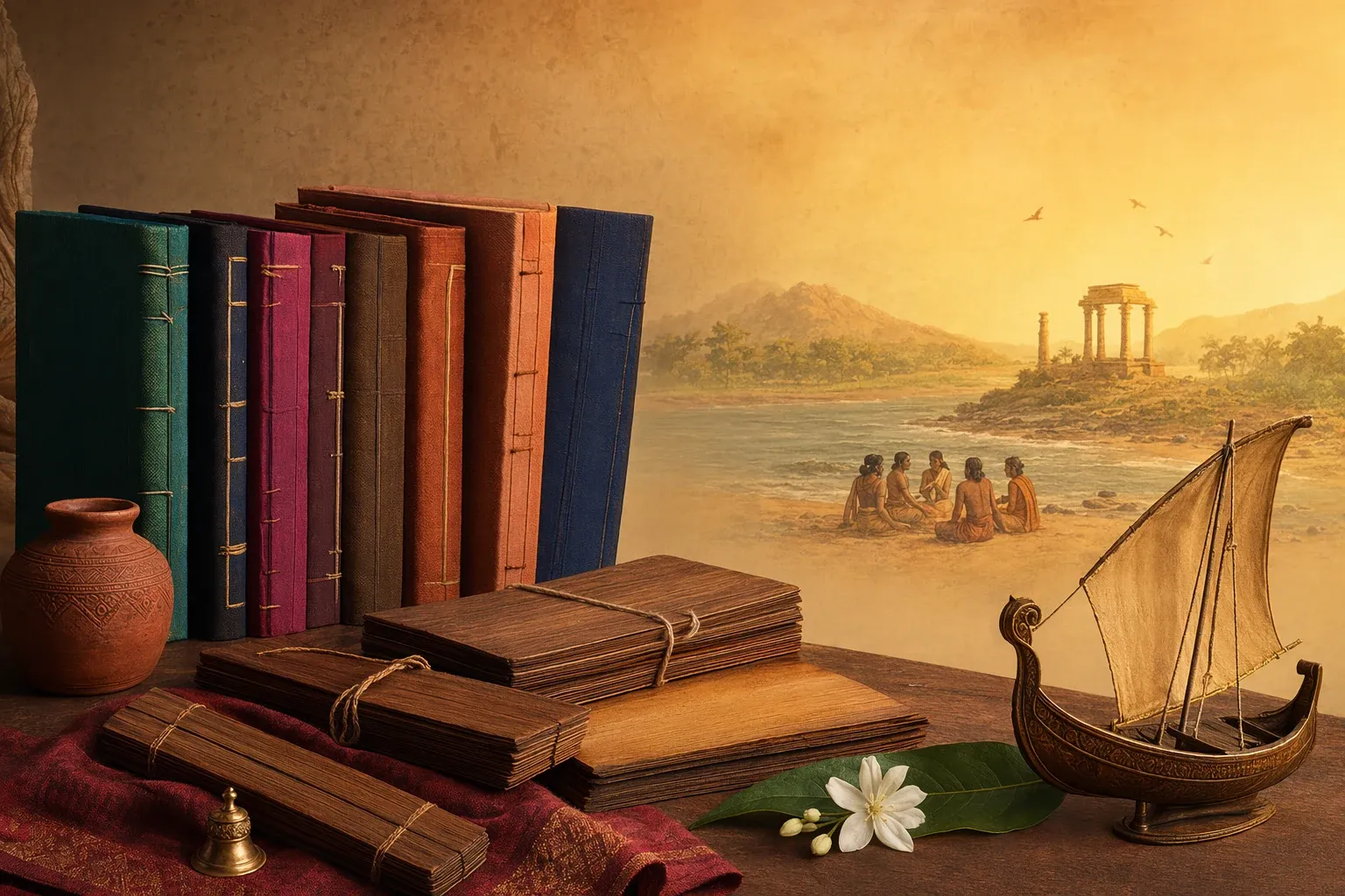 Palm-leaf books and manuscript bundles in an ancient Tamil coastal setting for a beginner list of Sangam literature collections.