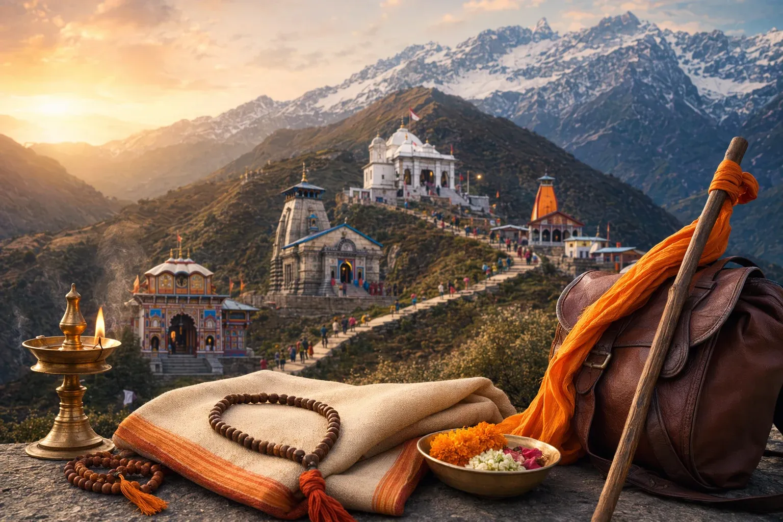 Himalayan pilgrimage route with temples, path markers, and devotional travel objects for Char Dham Yatra order.