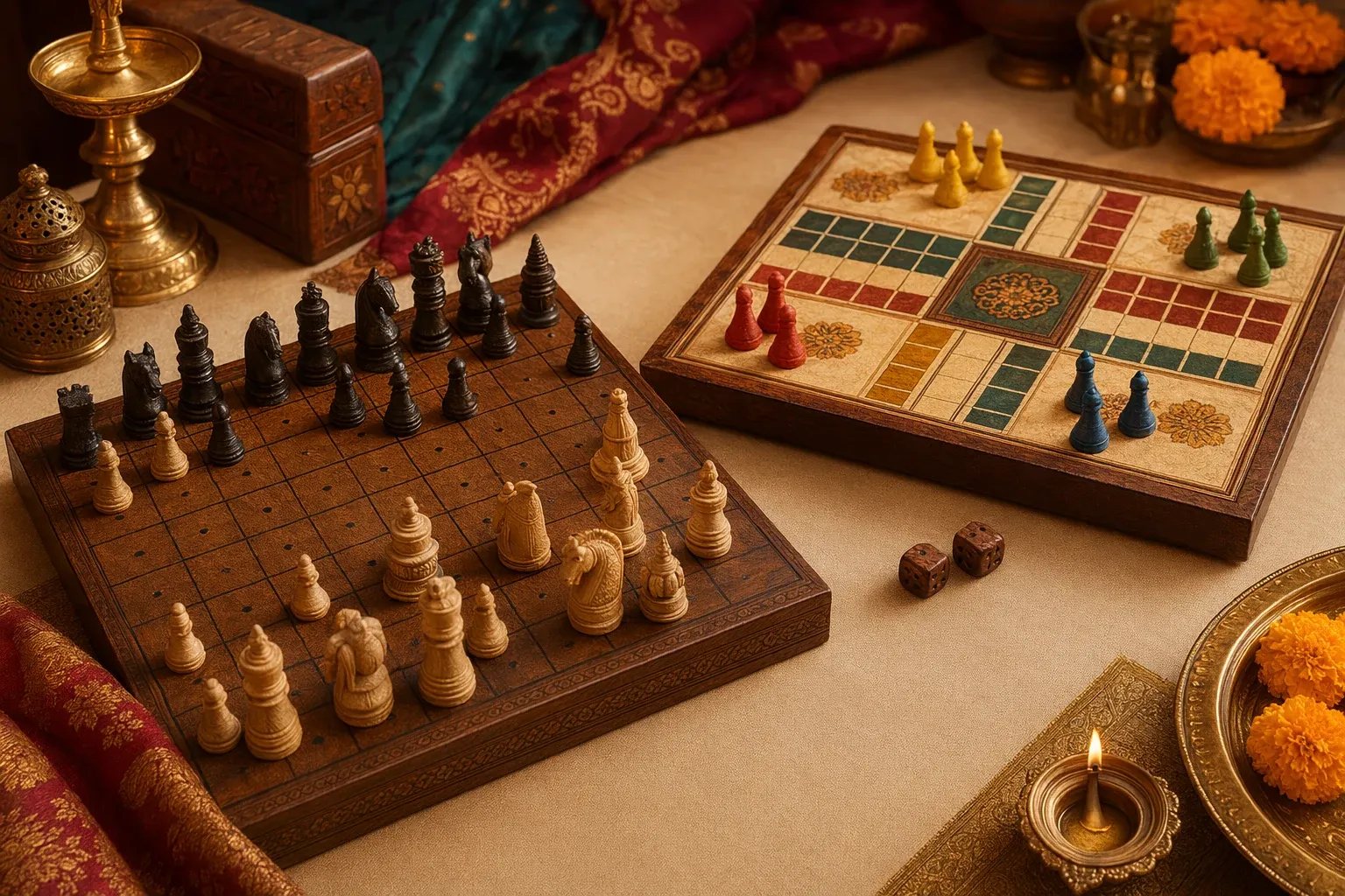 Side-by-side symbolic scene of a Chaturanga-style strategy board and Pachisi-style cross board with pieces, cowries, and Indian textiles.