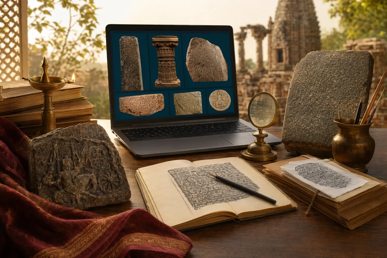 Digital archives of Indian inscriptions illustration with laptop, inscription photographs, metadata cards, manuscripts and stone record fragments.