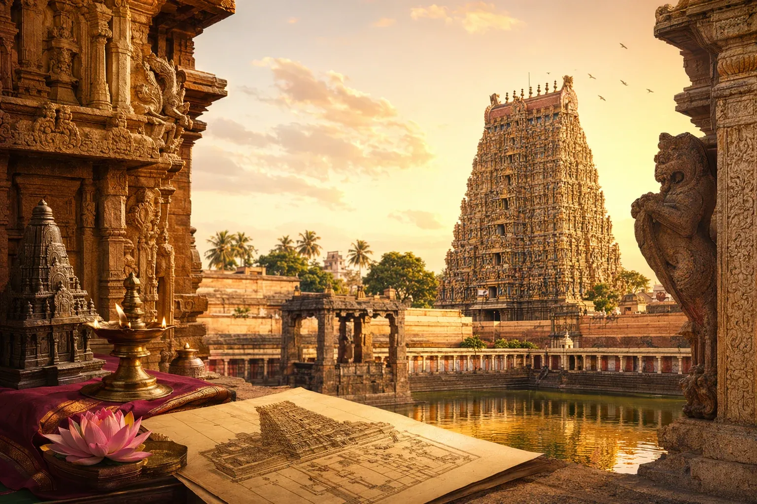 Illustration of Dravidian temple architecture with a South Indian gopuram, carved pillars, temple tank, lamp and plan drawings.