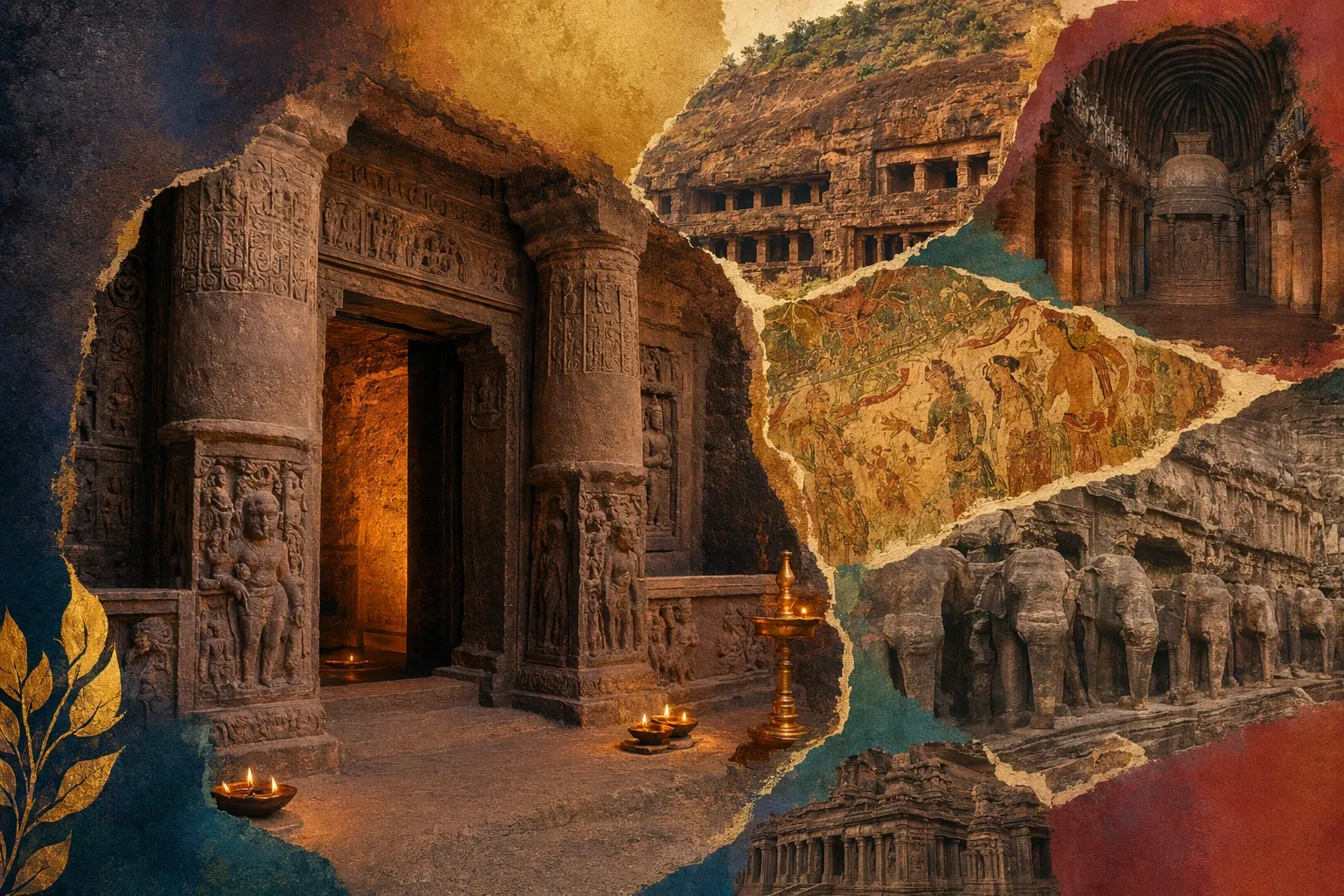 Rock-cut cave temple collage with carved entrances, mural colours and stone sculpture details for famous cave temples in India.