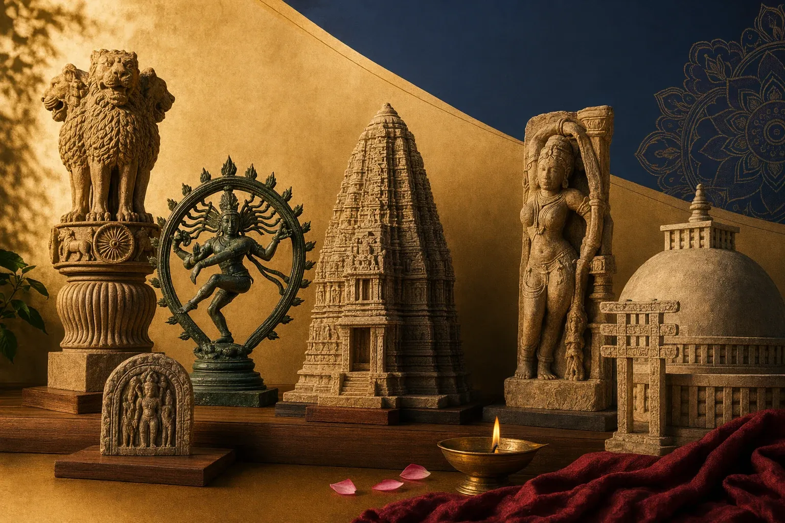 Indian sculpture examples with temple art, iconic forms, carved stone, and heritage display elements.