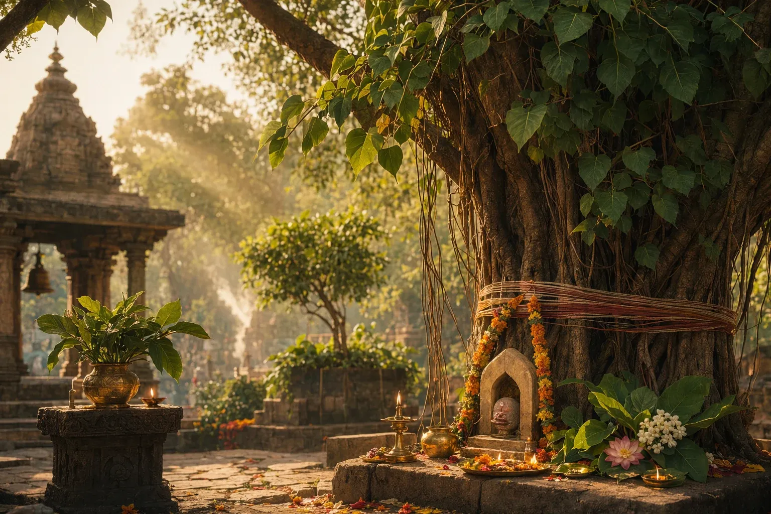 Sacred tree beside an Indian temple shrine with lamps, flowers, and ritual thread for a guide to five holy trees.