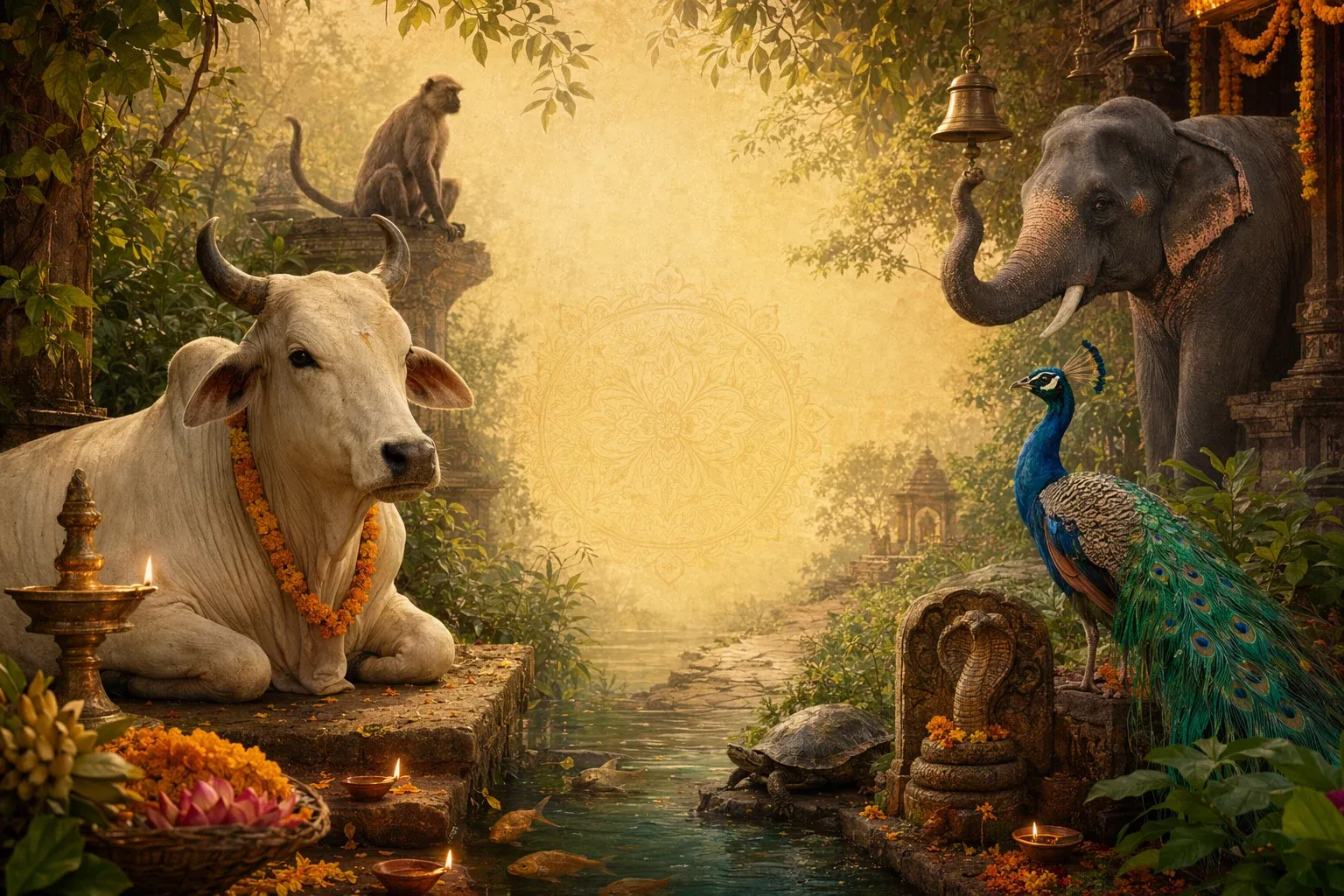 Symbolic illustration of sacred animals in Indian culture: cow, elephant, bull, monkey, snake, and temple motifs.