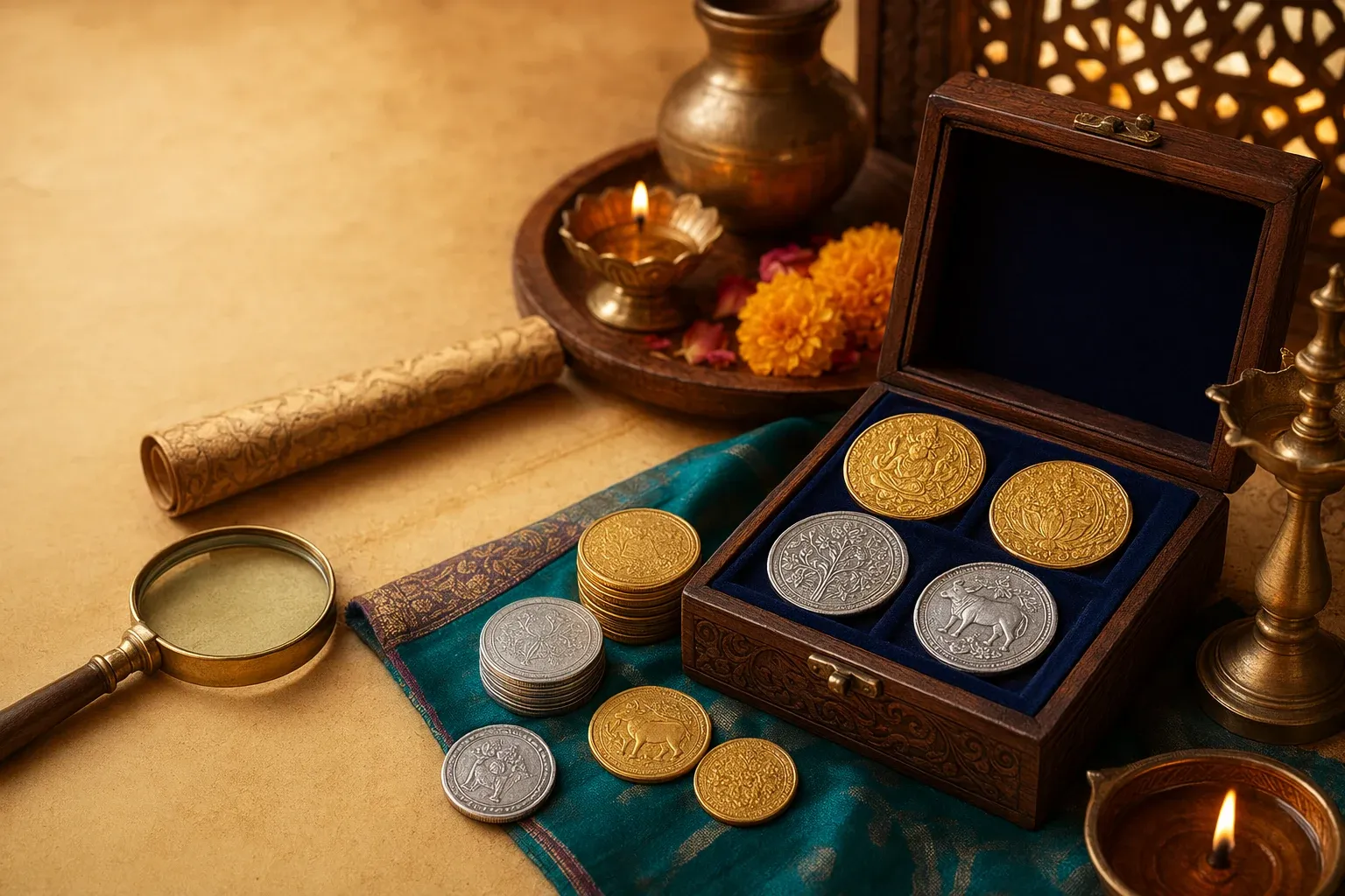 Editorial illustration of gold and silver Indian coins with magnifier, cloth, lamp and safe collecting notes.