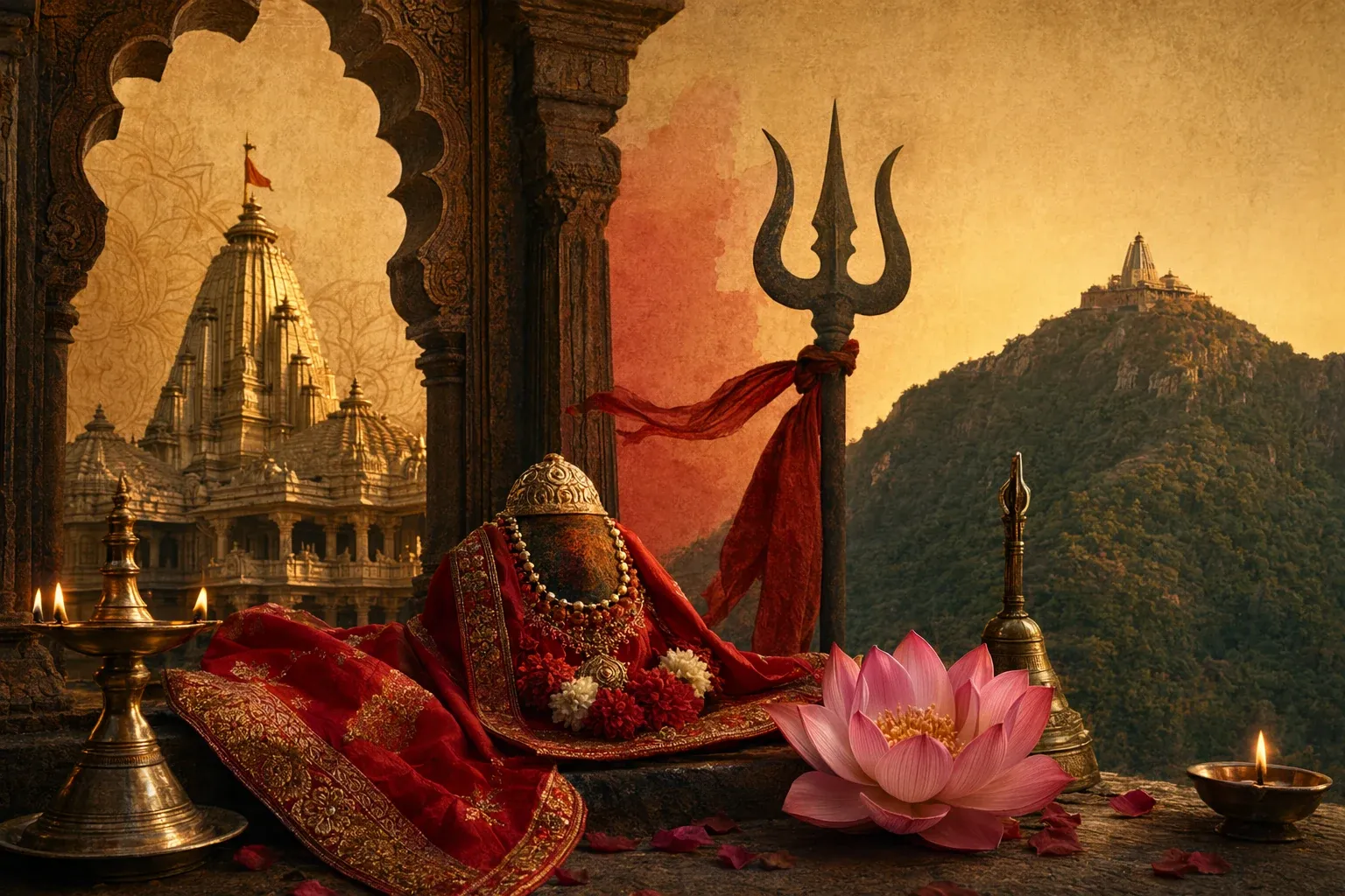 Devotional Gujarati Shakti temple scene with hill shrine, lamps, red cloth and pilgrimage cues for Ambaji and Pavagadh.