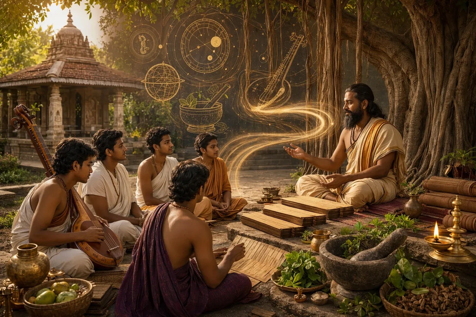 Guru with students, manuscripts and symbolic arts and sciences, showing how Guru Shishya Parampara supported Indian knowledge traditions.