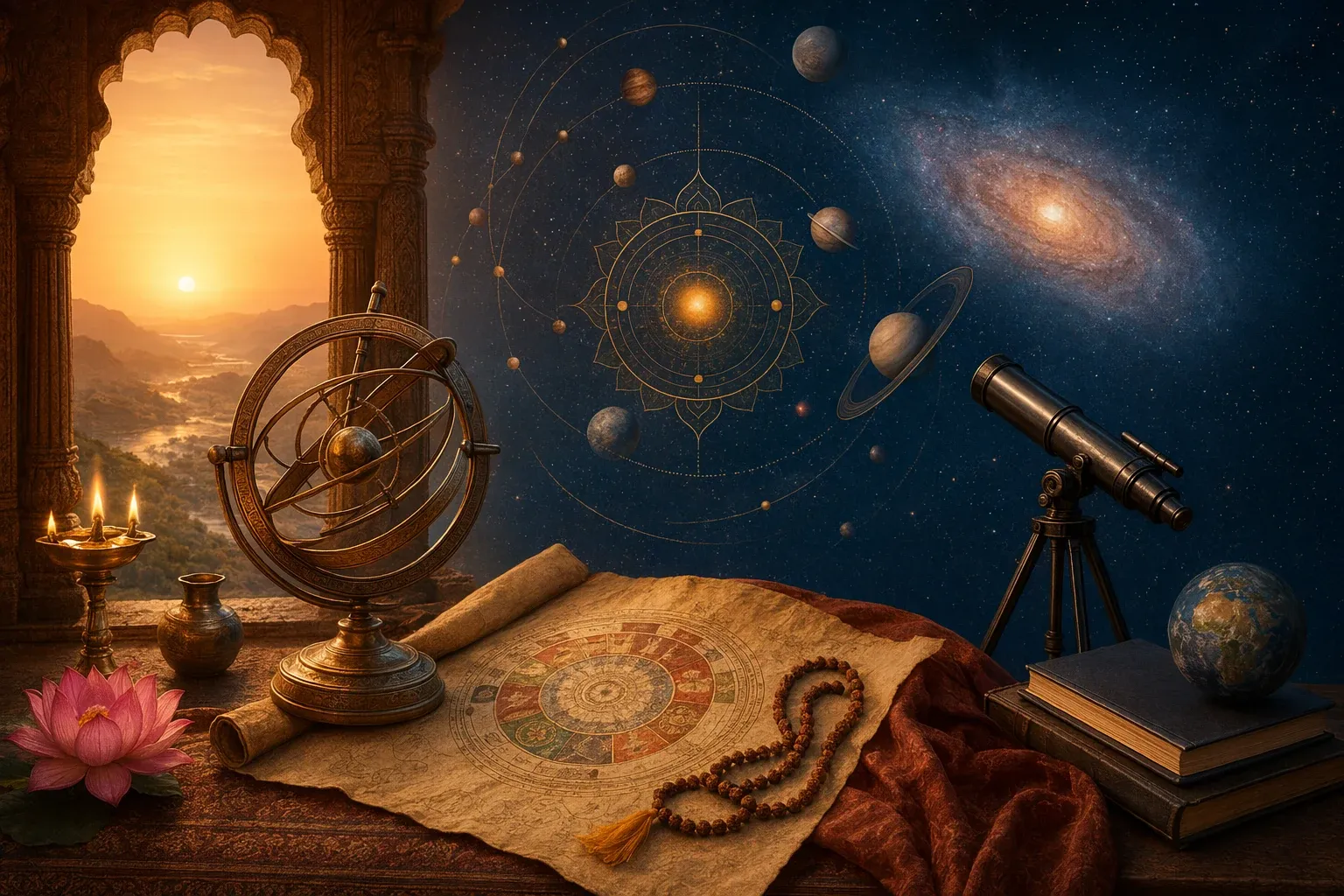 Symbolic illustration comparing Hindu cosmology and modern science, with sacred motifs, planets, telescope imagery and cosmic light.