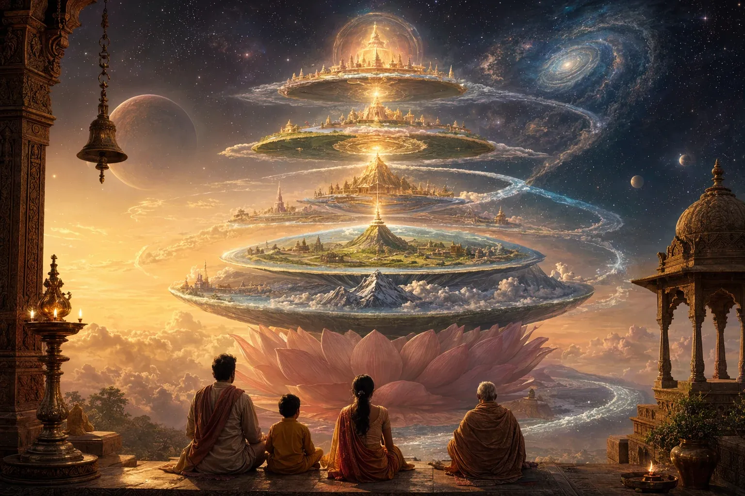 Symbolic Hindu cosmology illustration with layered lokas, a lotus base, cosmic light, temple silhouettes and star-filled many-worlds imagery.