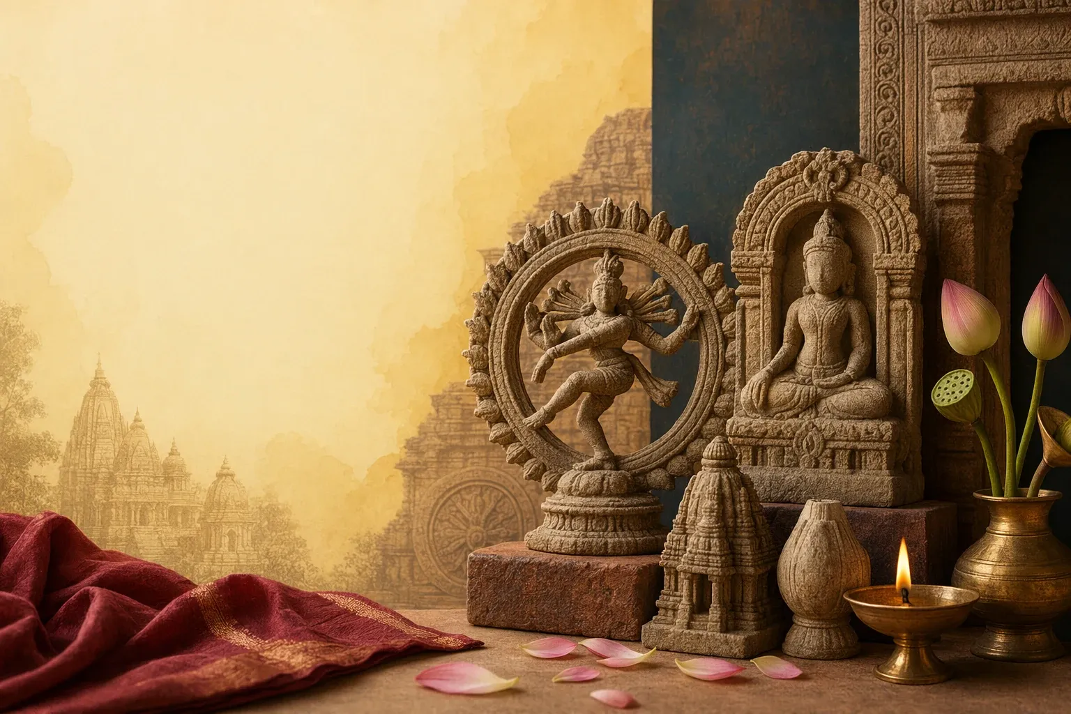 Hindu sculpture illustration with murtis, temple carvings, symbolic objects and sacred art study details.