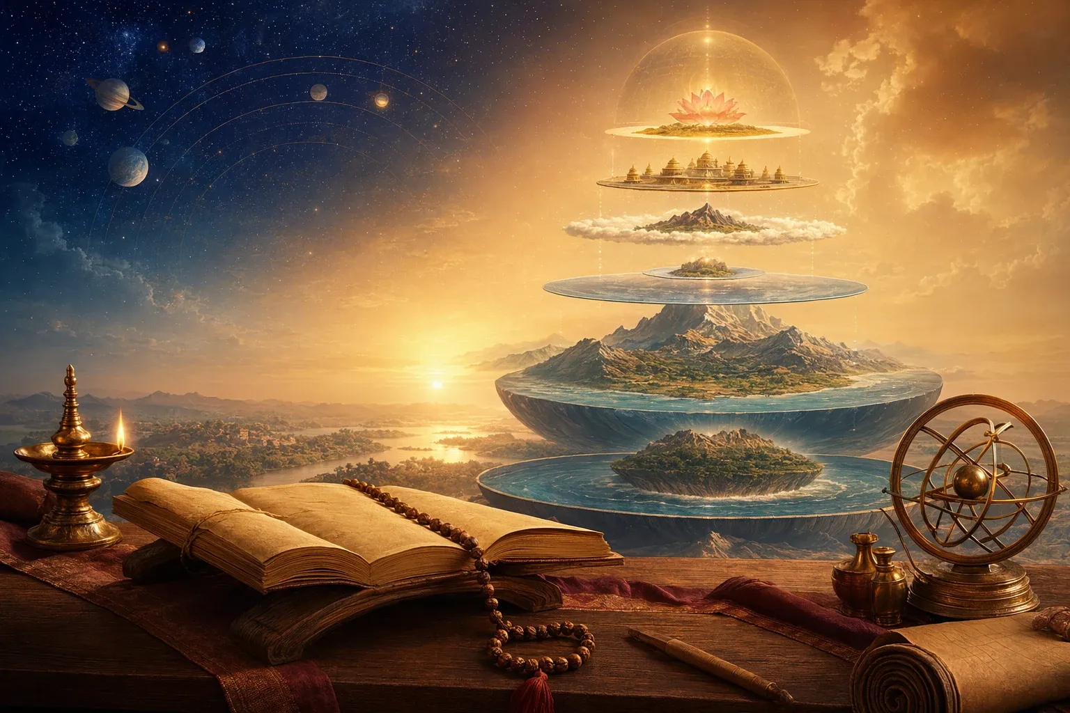 Symbolic Hindu cosmology illustration with layered worlds, sacred books, planets, a lotus and a diya for a beginner Vedic cosmology guide.