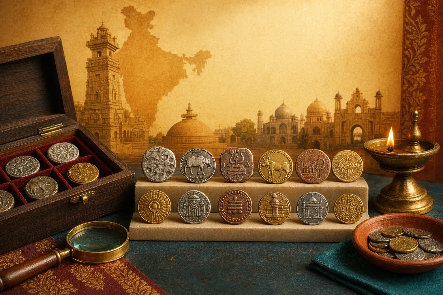 Editorial illustration of Indian coins arranged like a timeline with ancient, medieval, colonial and modern references.