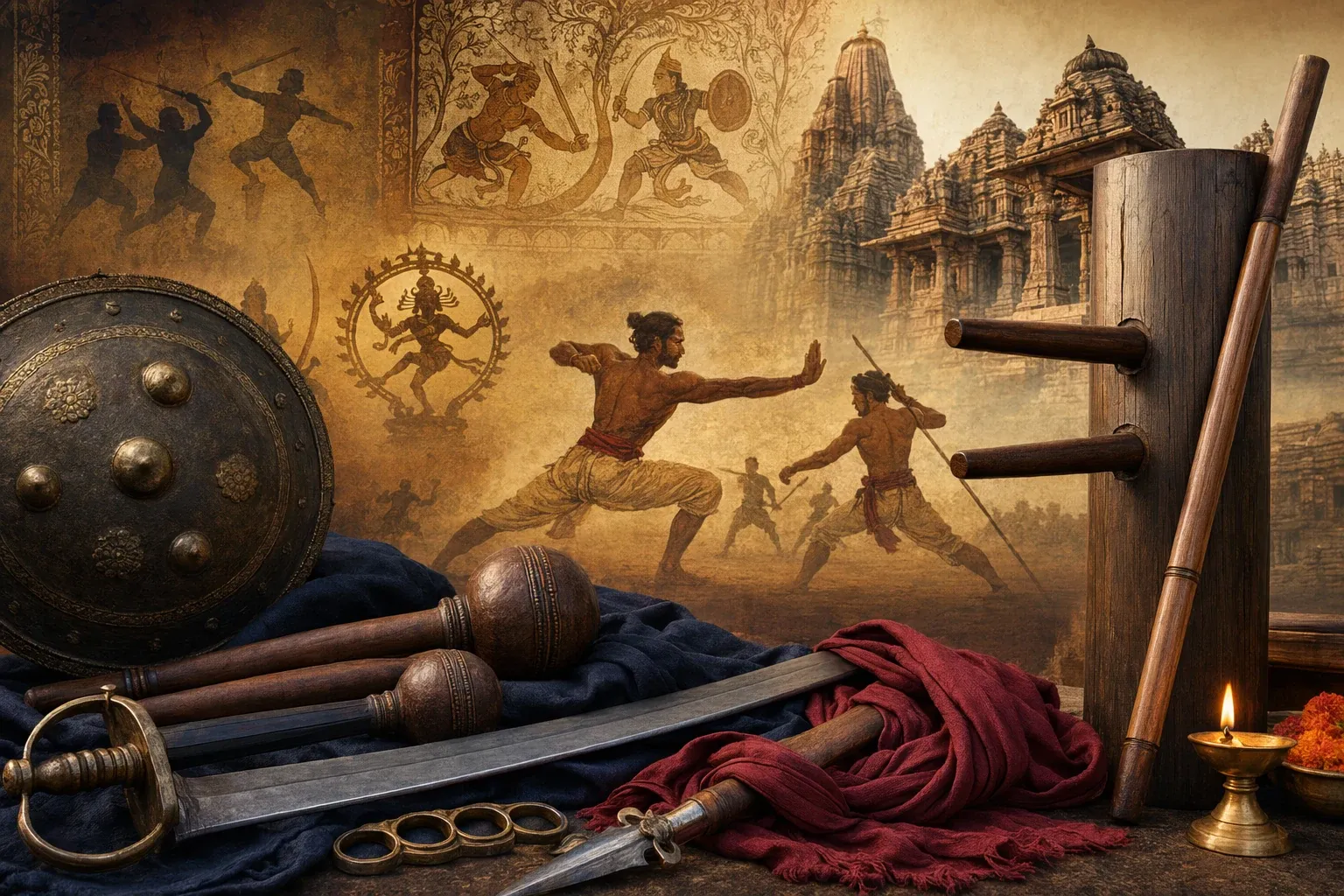 Historical Indian martial arts scene with mural-like warriors, training weapons, and heritage atmosphere for a timeline guide.