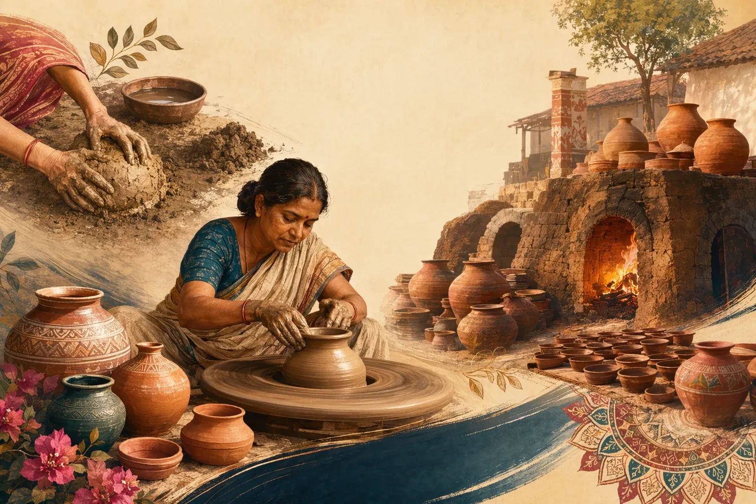 Indian potter shaping clay on a wheel with drying pots, tools and kiln-firing details in a traditional craft workshop.