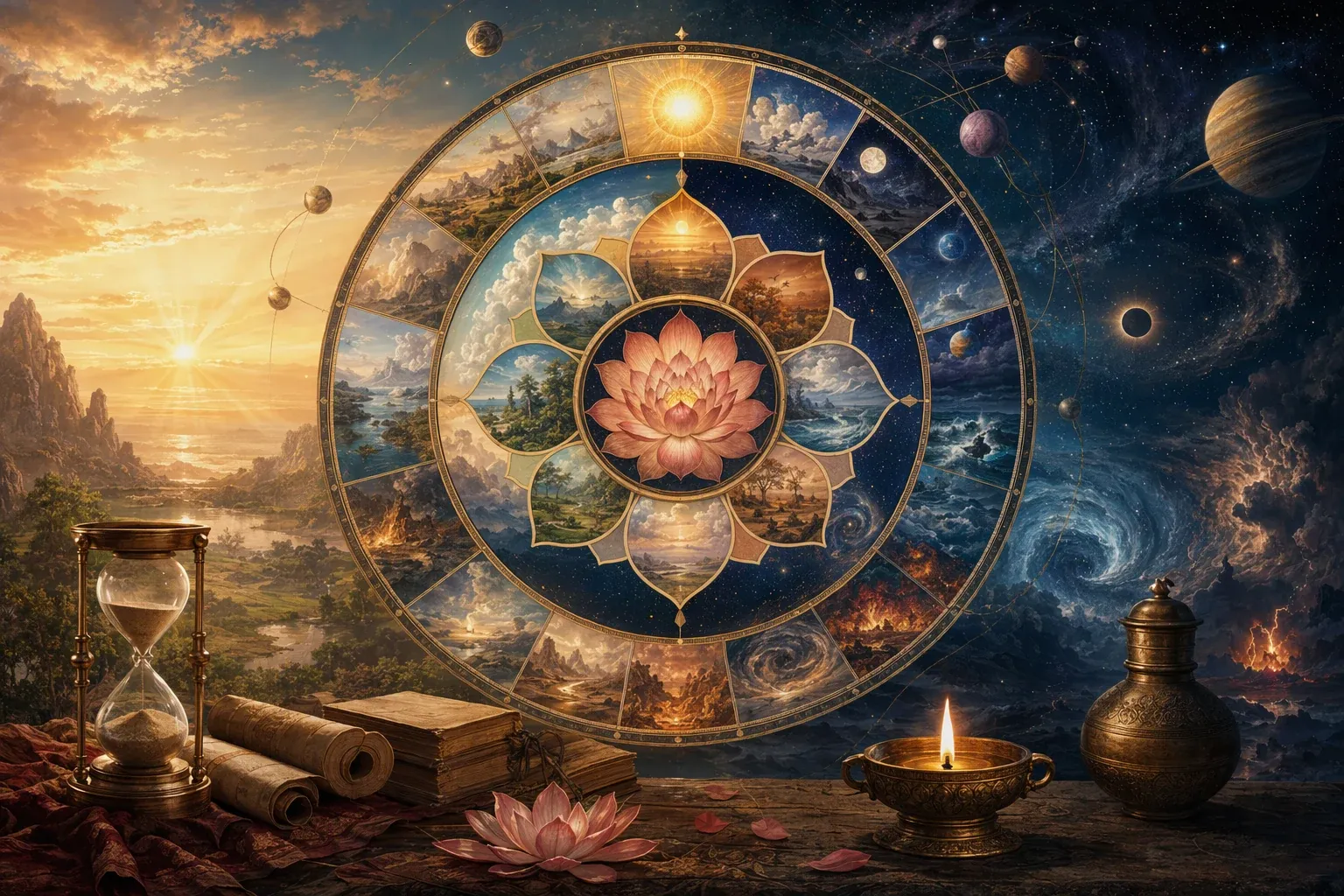 Symbolic Hindu cosmology time-cycle illustration with a mandala wheel, celestial bodies and an hourglass for yugas and kalpas.