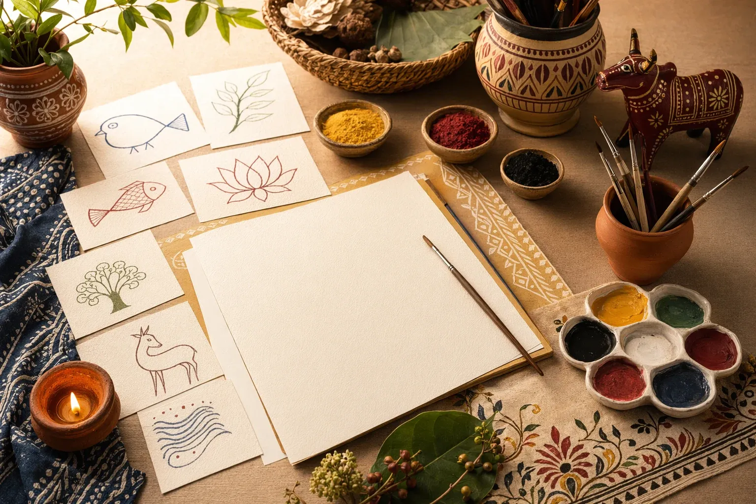 A student-friendly Indian folk art learning table with paper, brushes, natural colours, borders, animal motifs, and simple practice sketches.