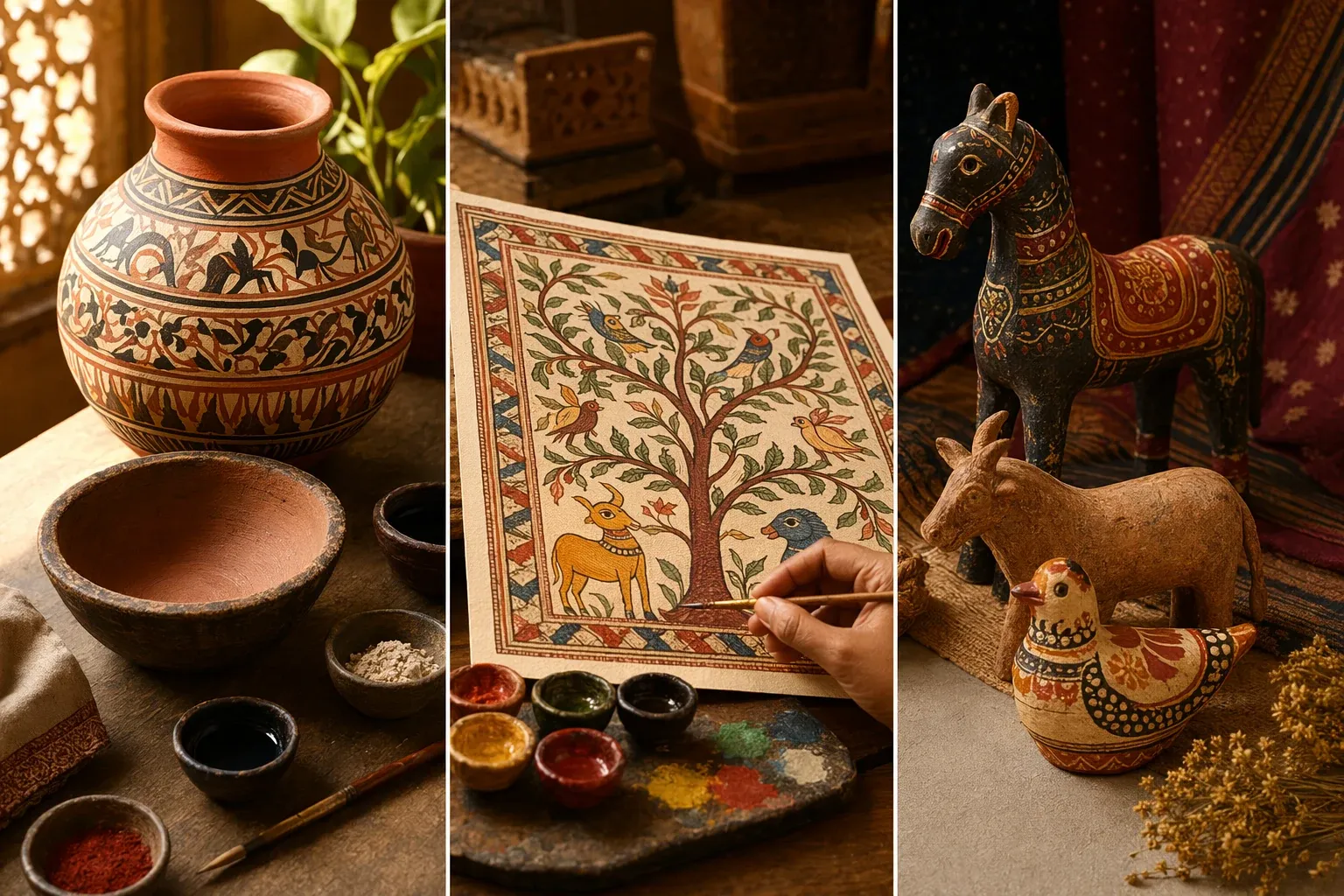 Indian folk-art studio scene with handmade objects, painted motifs, and craft materials for a genuine-vs-replica checklist.