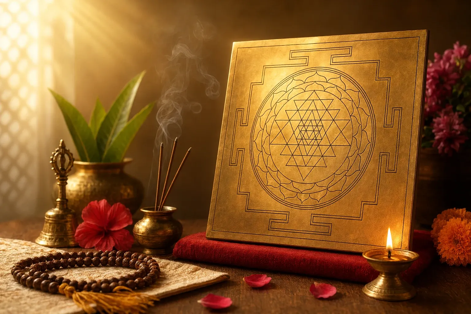 A yantra arranged with incense, diya, flowers, and a quiet devotional setting to show focus and tradition.