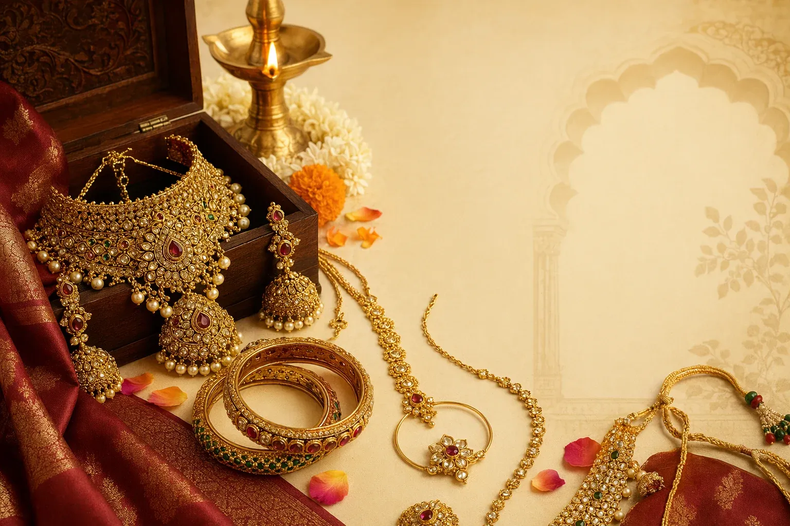 Indian bridal jewellery arrangement with necklace, bangles, earrings, forehead ornament, flowers and diya in a festive wedding setting.