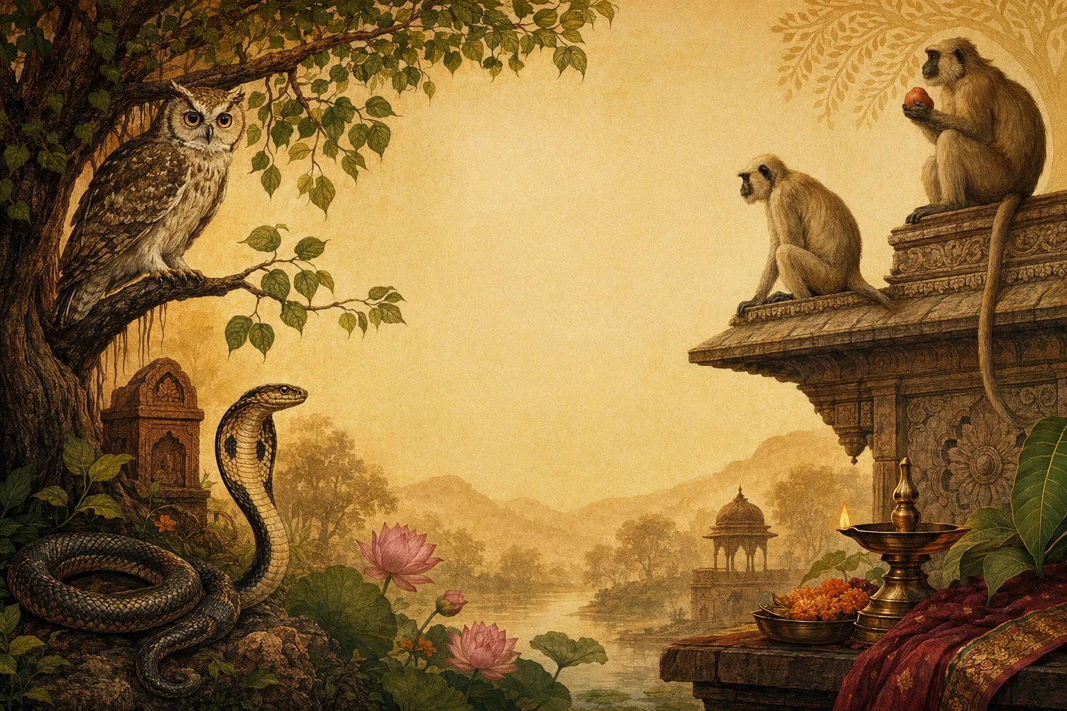 Indian folklore animals including an owl, snake, monkey, cow, crow, and temple setting in symbolic artwork.