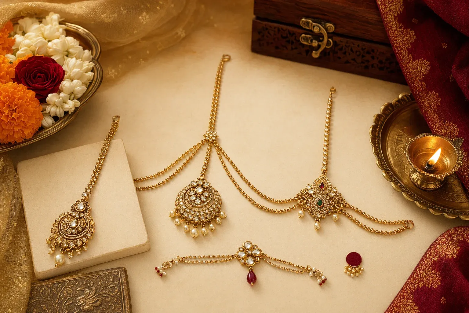 Indian forehead jewellery including maang tikka and matha patti pieces arranged with pearls, gold details and bridal styling cues.