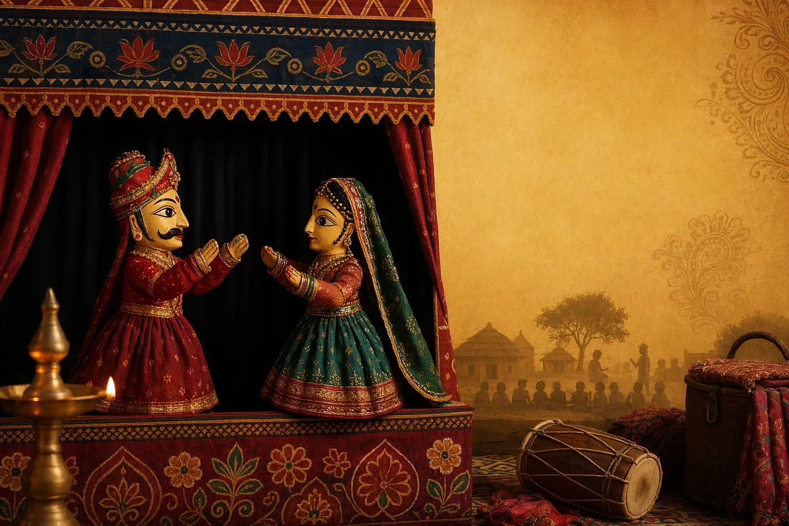 Indian glove puppets shown on a performer’s hands with expressive costumes and painted faces
