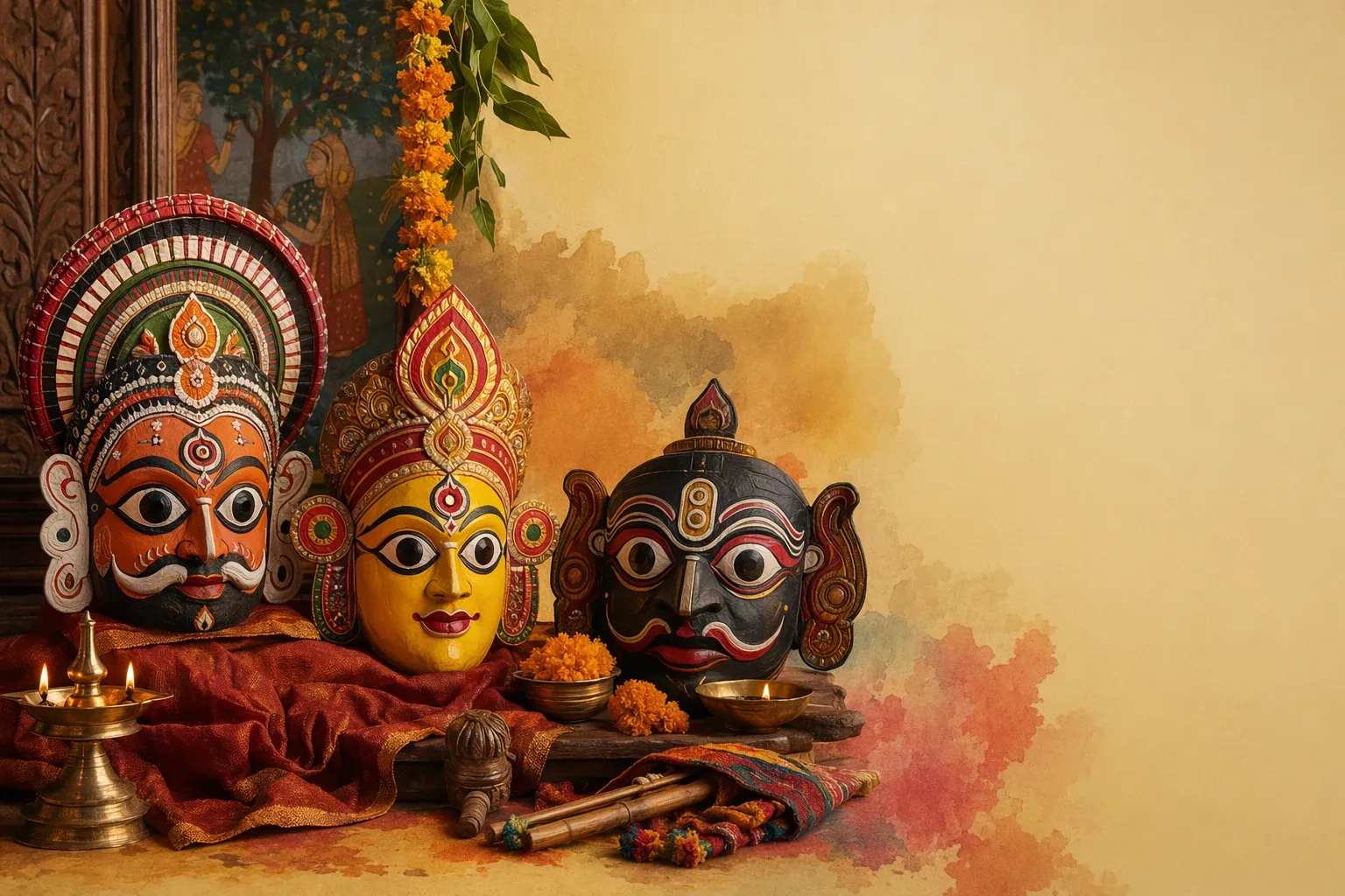 Indian ceremonial masks arranged with lamps, flowers, painted deity faces, and a respectful festival setting.
