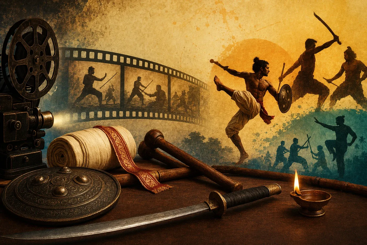 Cinematic Indian martial arts scene with stage lighting, action pose, camera-like framing, and heritage performance cues.