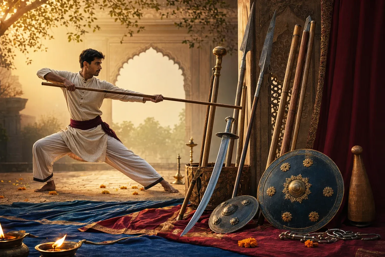 Traditional Indian martial arts weapons arranged in a training space with staffs, swords, spear forms, shield, and respectful heritage lighting.
