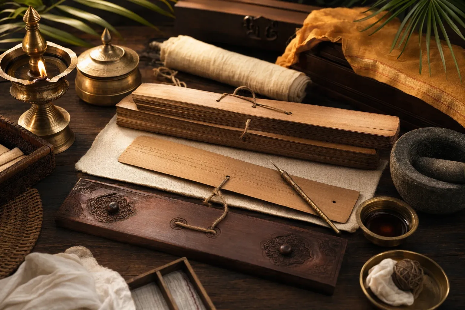 Palm-leaf manuscript bundles with a stylus, lamp, cloth, and traditional storage objects in an Indian archive-like setting.