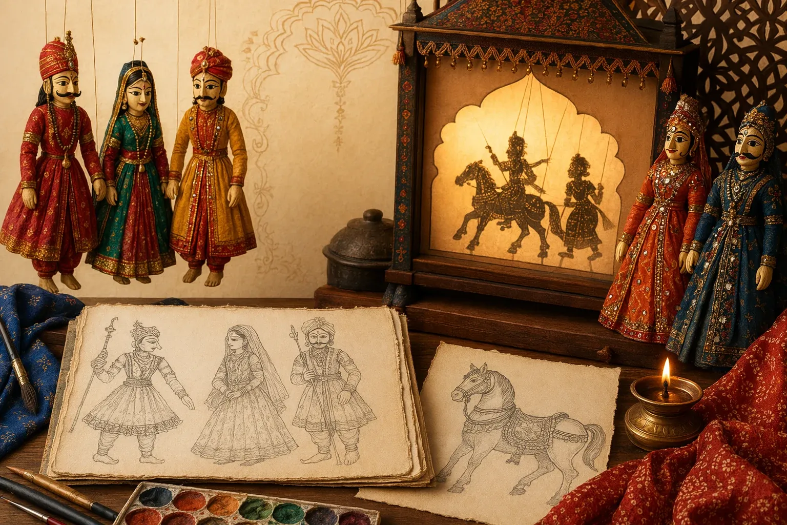 Sketchbook study of Indian puppetry art showing shadow puppet joints, Kathputli costume shapes, and glove puppet faces