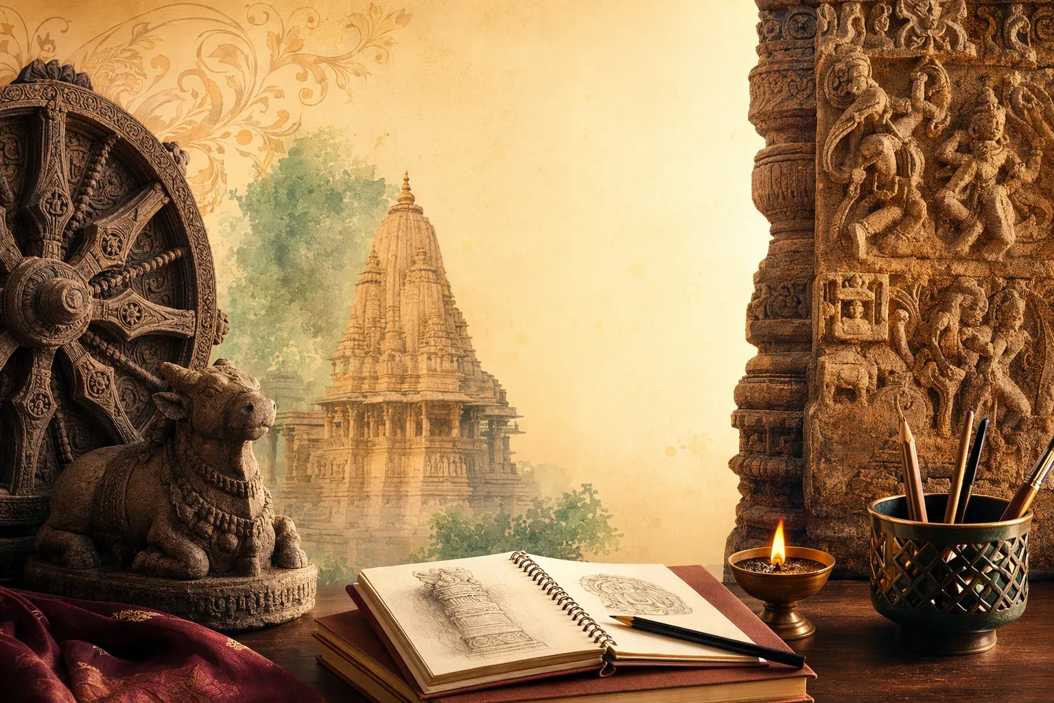 Student-friendly Indian sculpture study illustration with textbook, temple carving, sculpture examples and classroom notes.